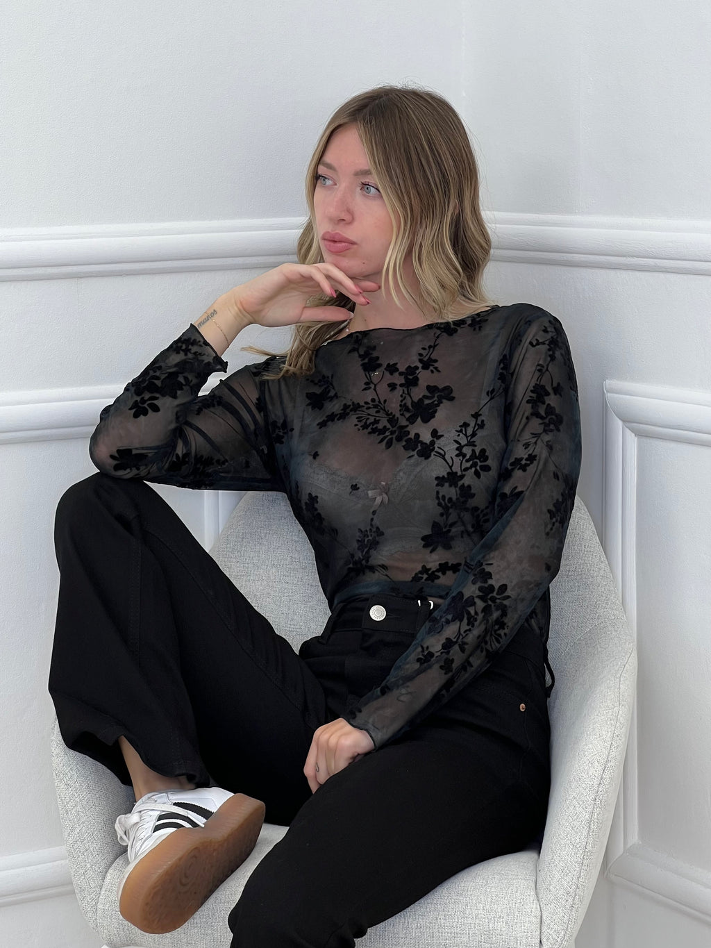 Top in Tulle Devorè con Ricami 2978 Ottanio