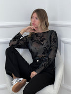 Top in Tulle Devorè con Ricami 2978 Ottanio