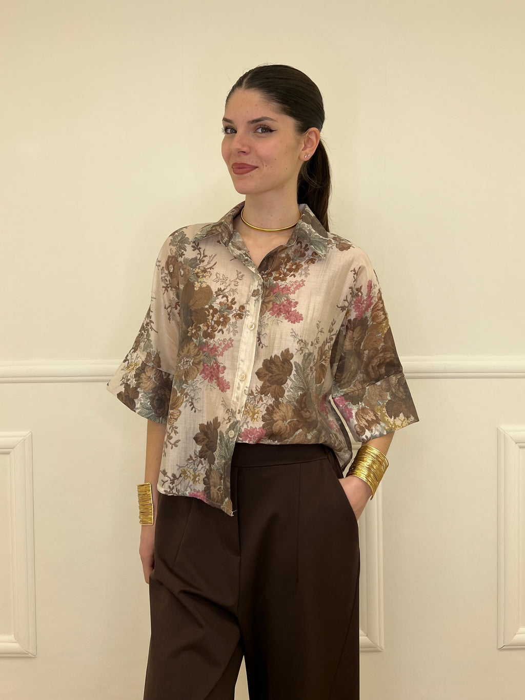 Camicia Tencel Crop Fiori 4099 Marrone
