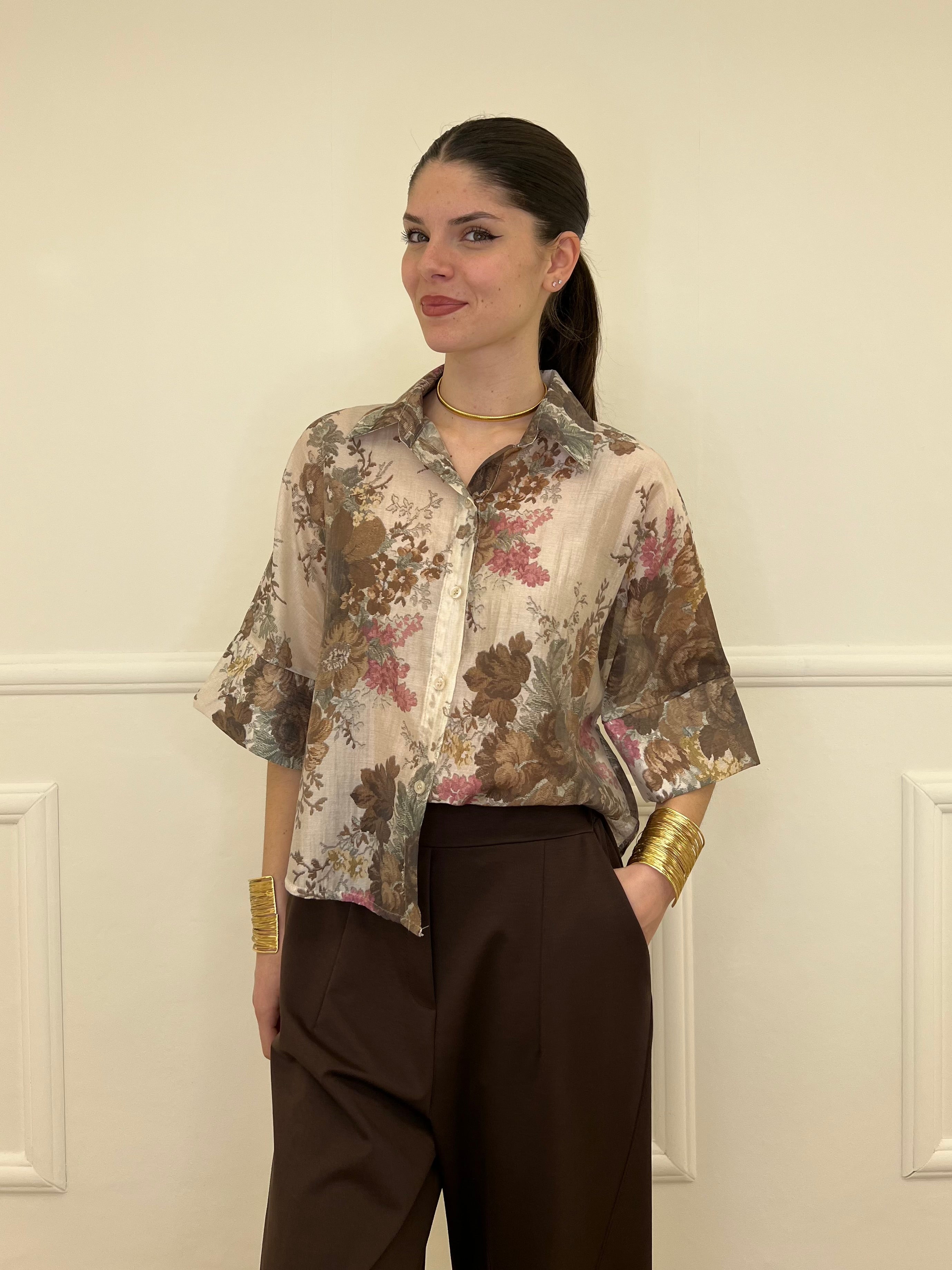 Camicia Tencel Crop Fiori 4099 Marrone