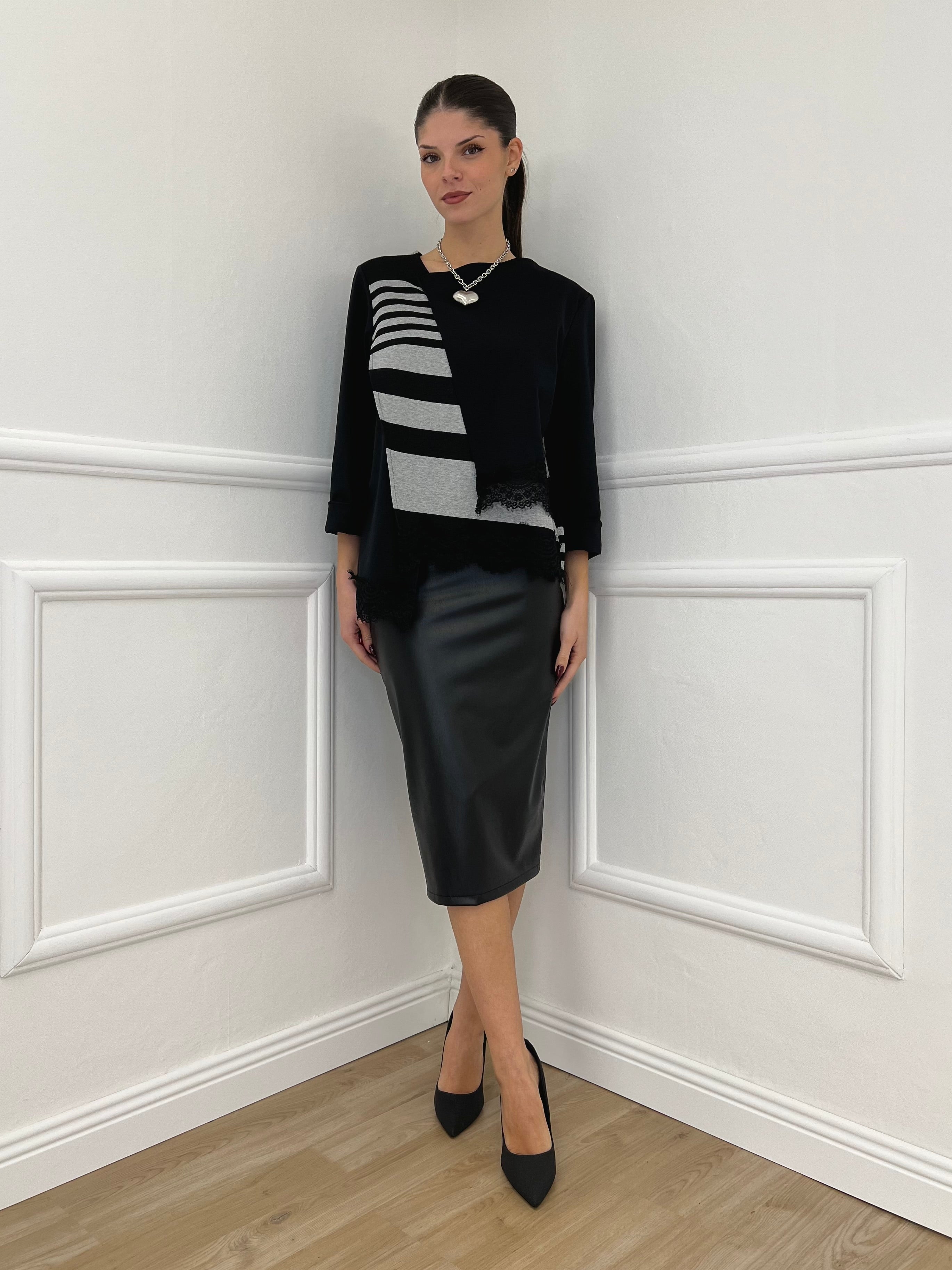 Maglia Asimmetrica Pizzo Bicolor 0225 Nero