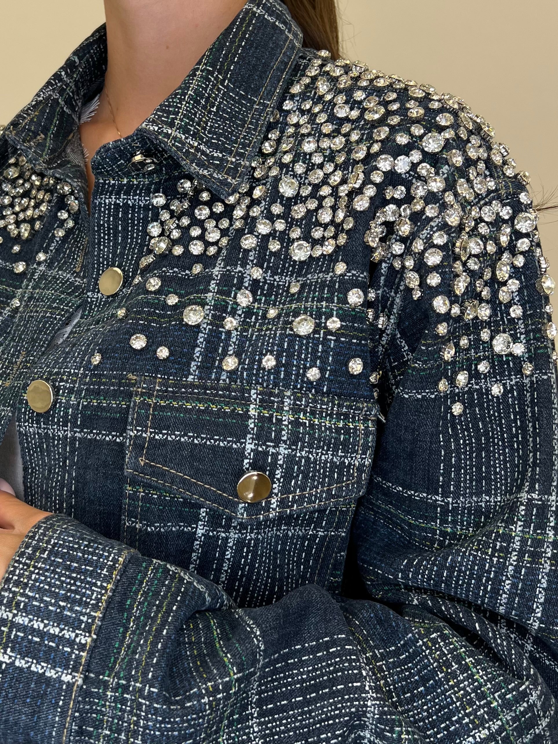 Giacca Denim Check Cristalli MF2530 Blu - Bazar Abbigliamento