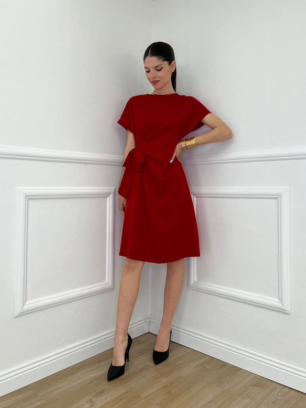 Vestito Con Drappeggio e Fiocco 4782 Rosso