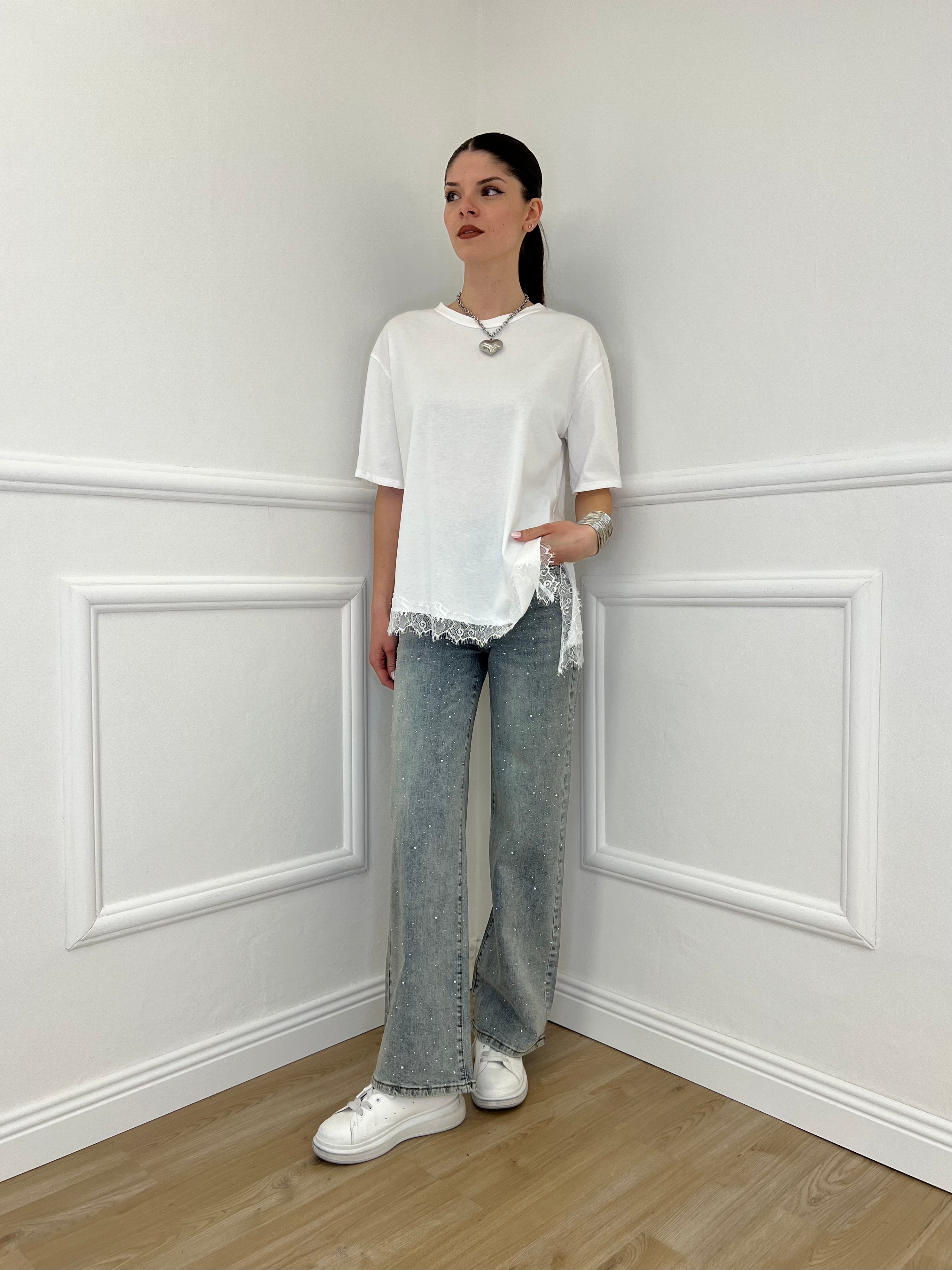 T-shirt Asimmetrica Con Pizzo 2824 Bianco