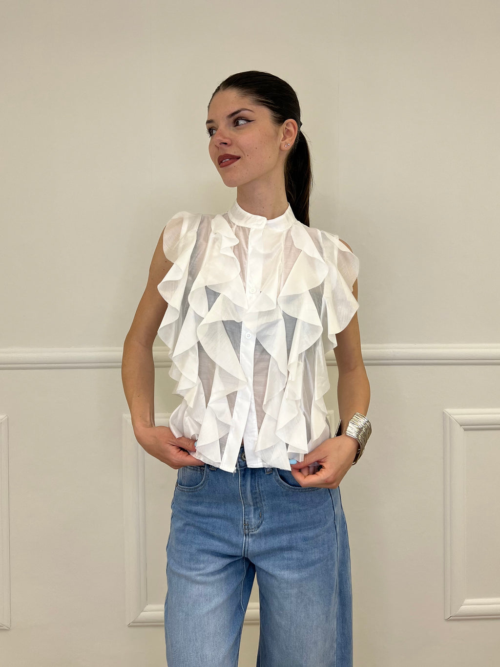 Camicia Smanicata Con Rouches 220-672 Bianco