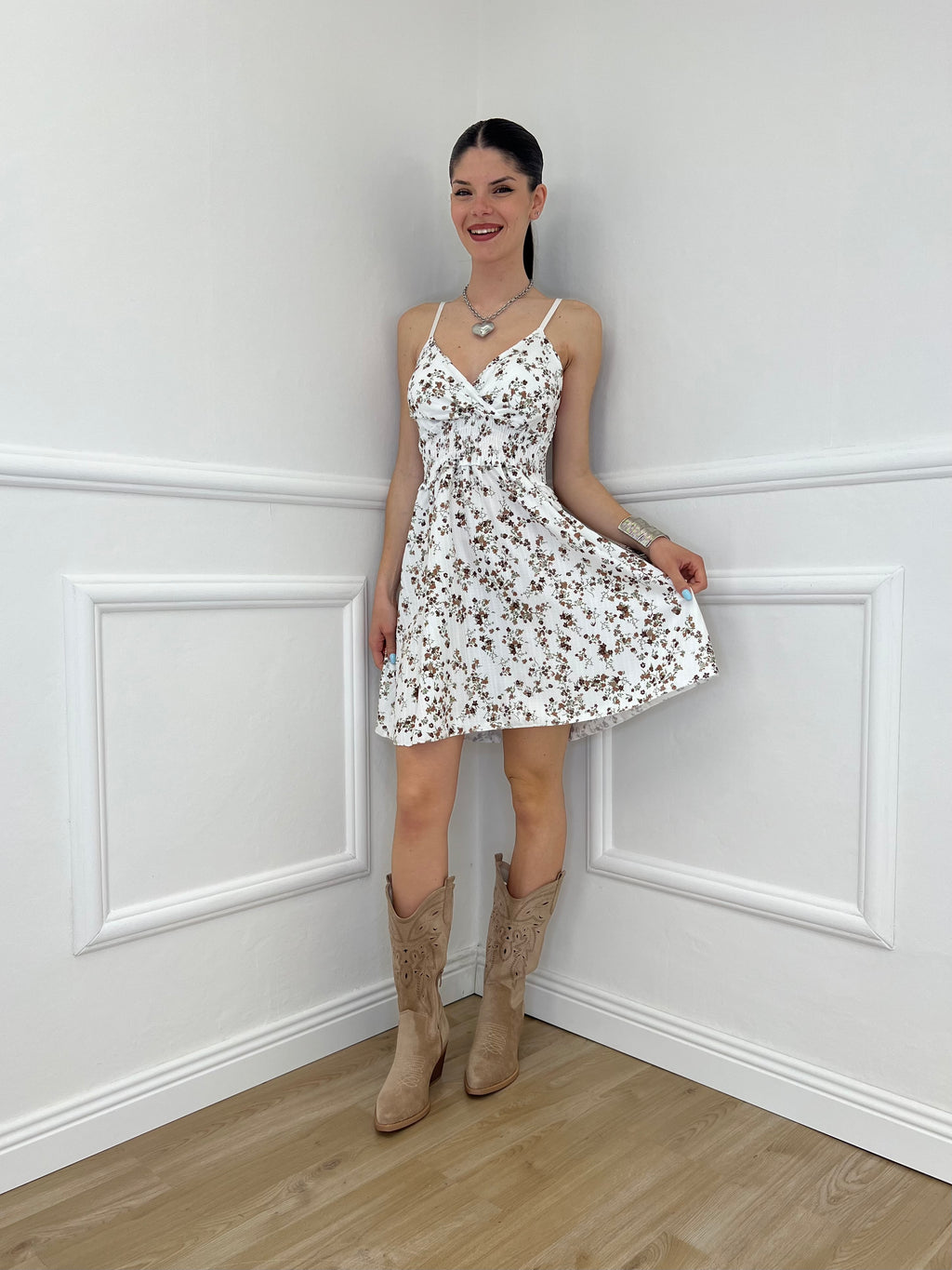 Abito Corto Fiori 5068 Marrone