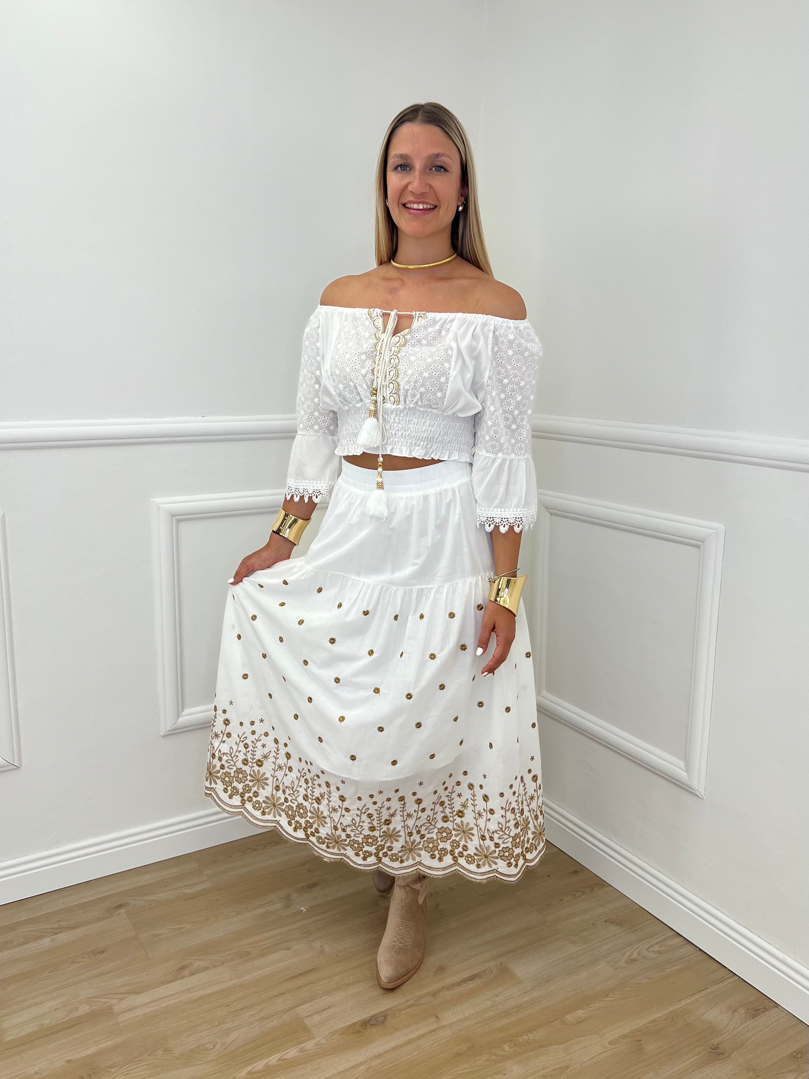 Gonna Midi Cotone Ricami 50138 Bianco