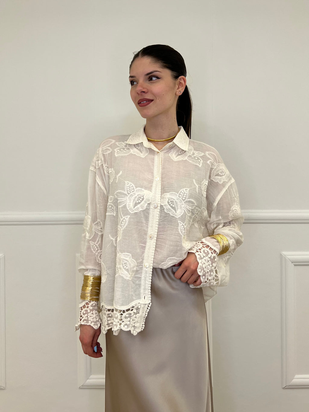 Camicia Ricami Inserti Crochet 48036 Panna