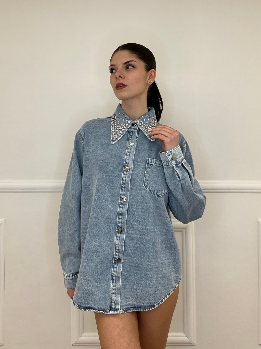 Giacca Camicia Denim Colletto Strass 3025 Azzurro