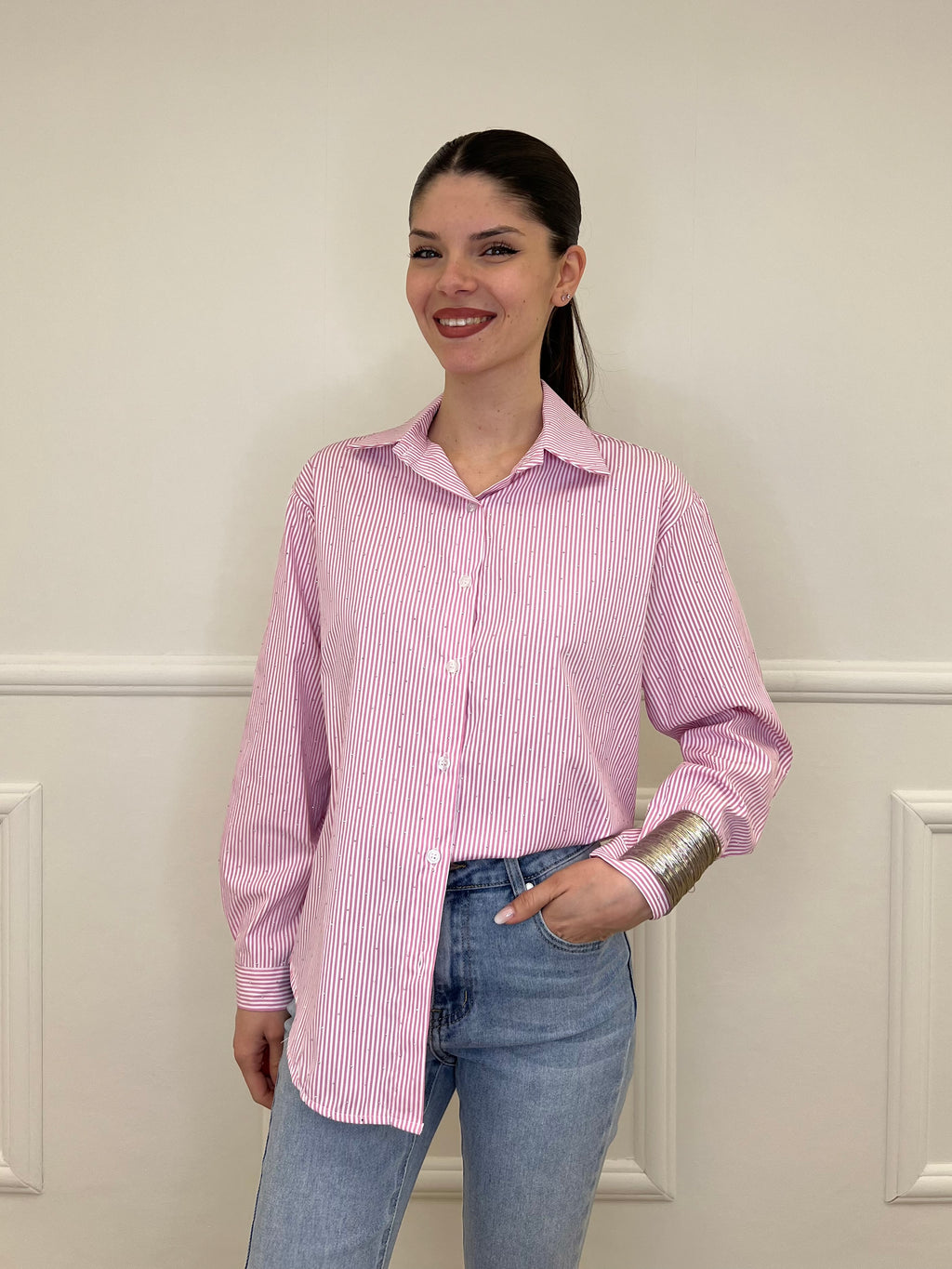 Camicia a Righe Micro Strass 82046 Rosa