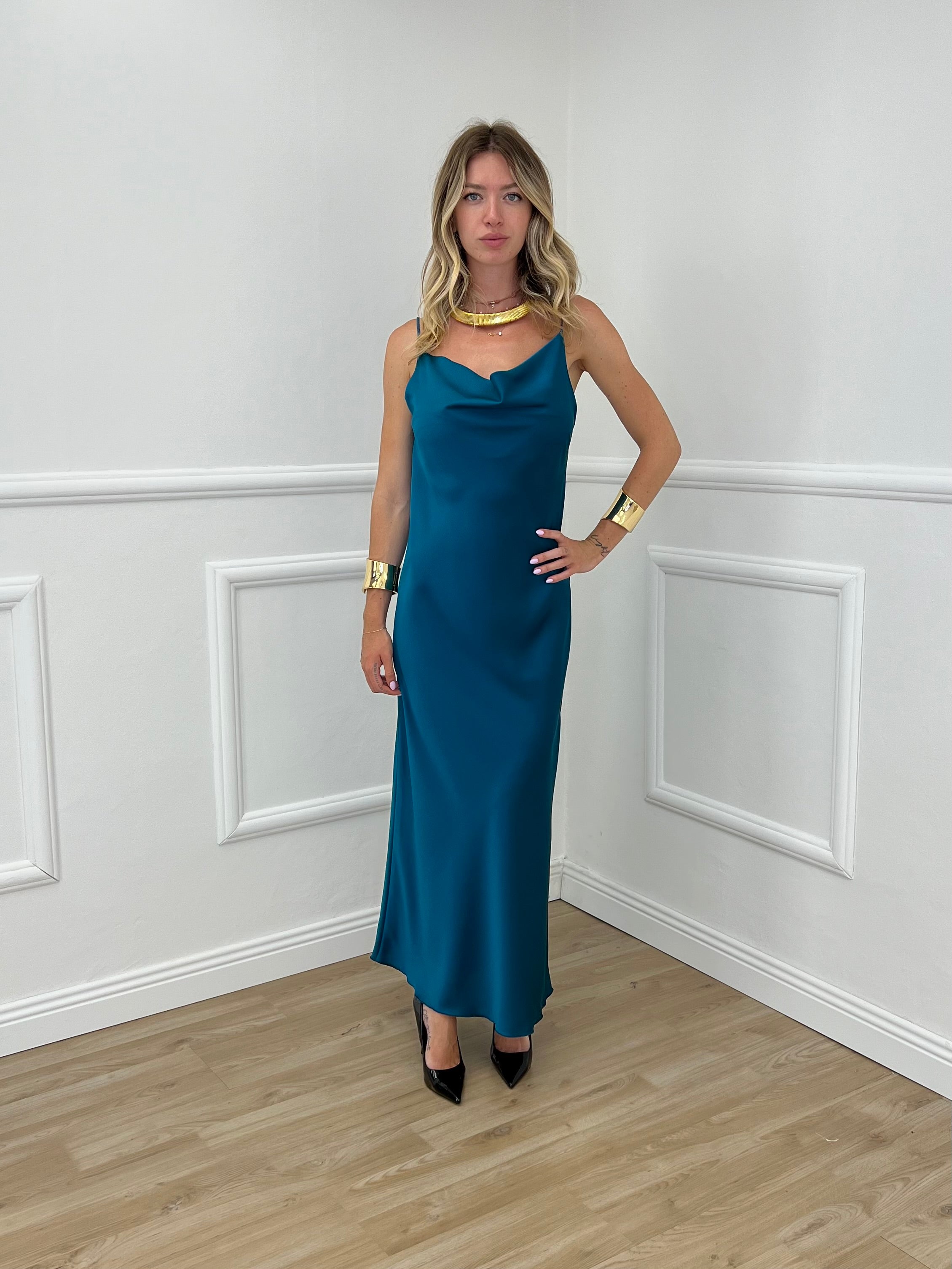 Vestito Satinato Con Scollo Morbido 1502 Ottanio