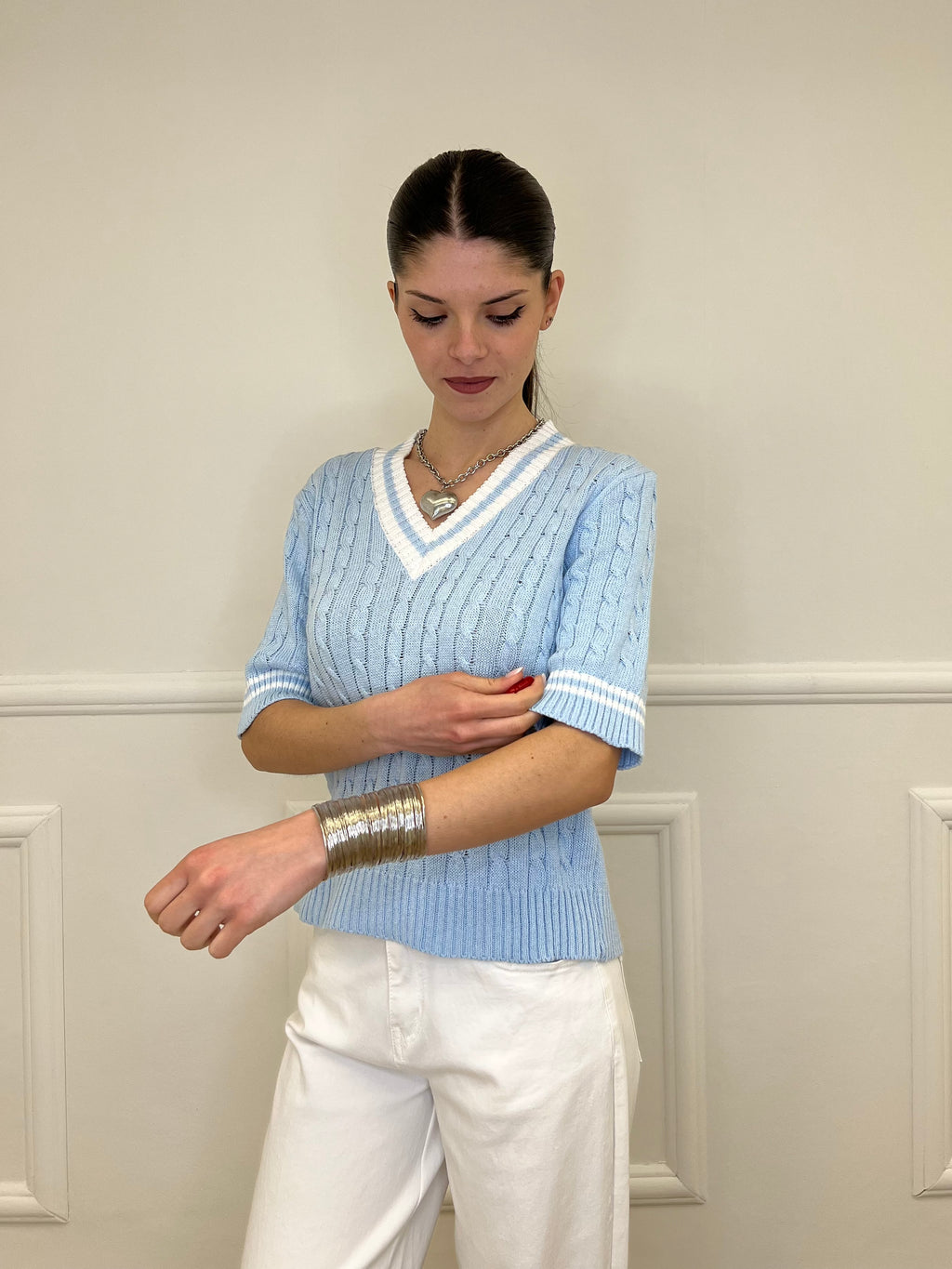 Maglia Trecce Profili a Contrasto 9467 Azzurro e Bianco