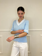 Maglia Trecce Profili a Contrasto 9467 Azzurro e Bianco