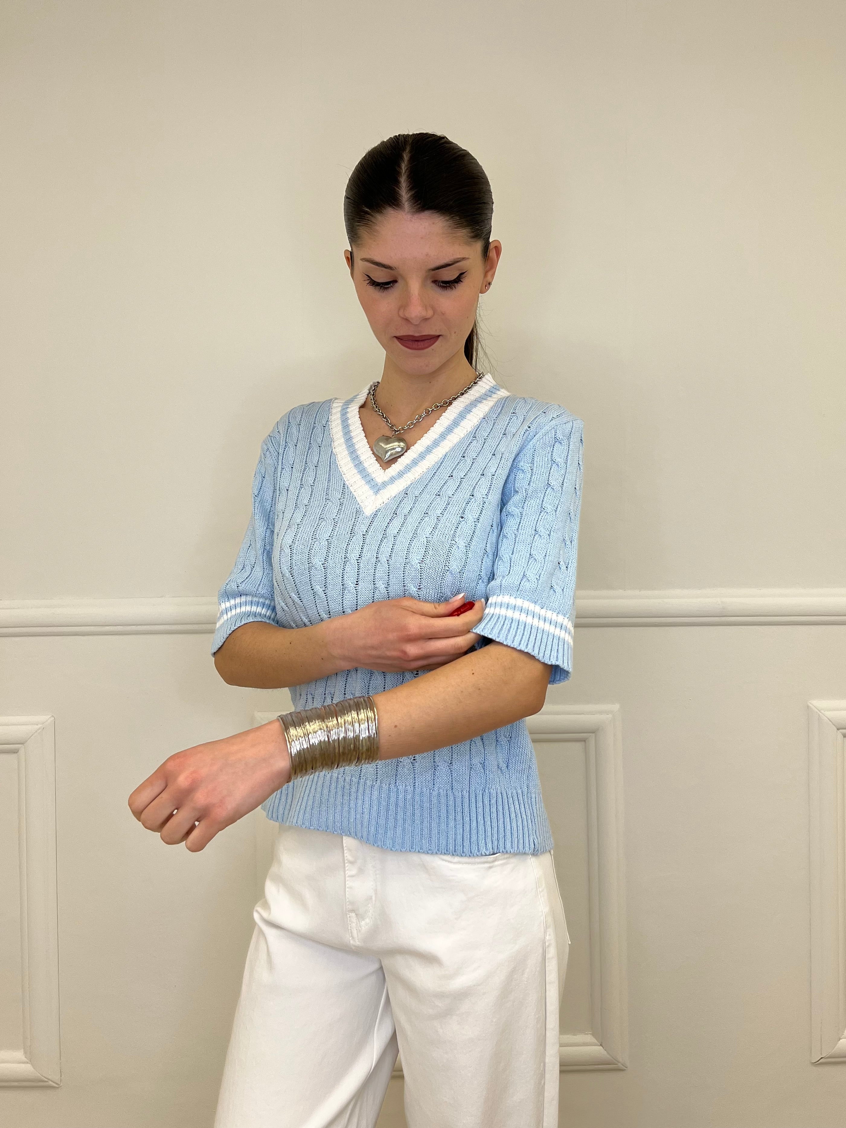 Maglia Trecce Profili a Contrasto 9467 Azzurro e Bianco