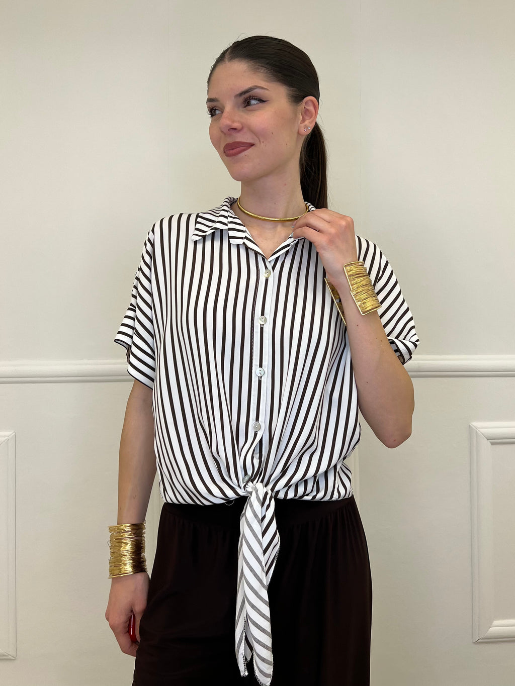 Camicia Righe Nodo Viscosa 2351 Marrone
