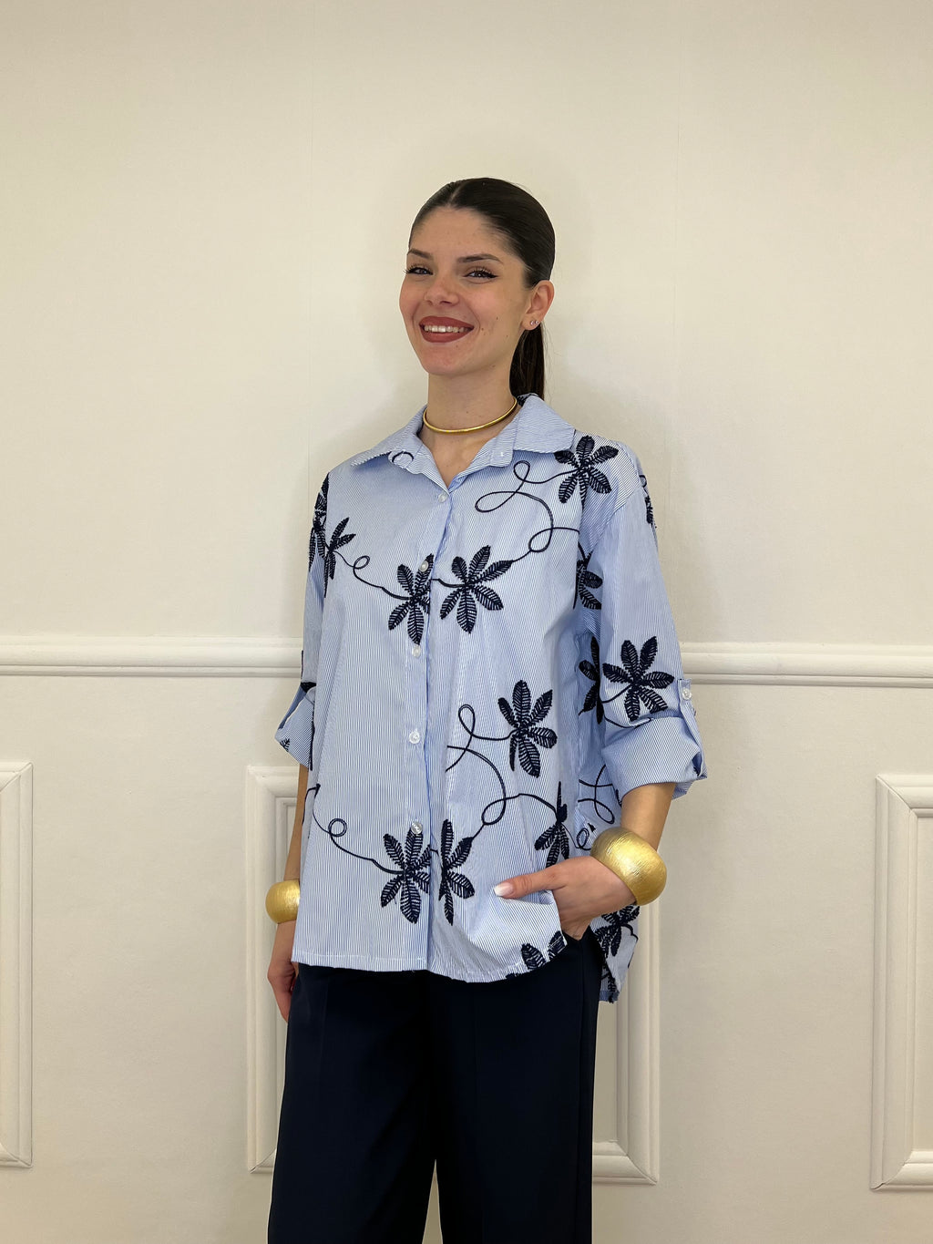 Camicia Over a Righe Con Ricami 26072 Blu