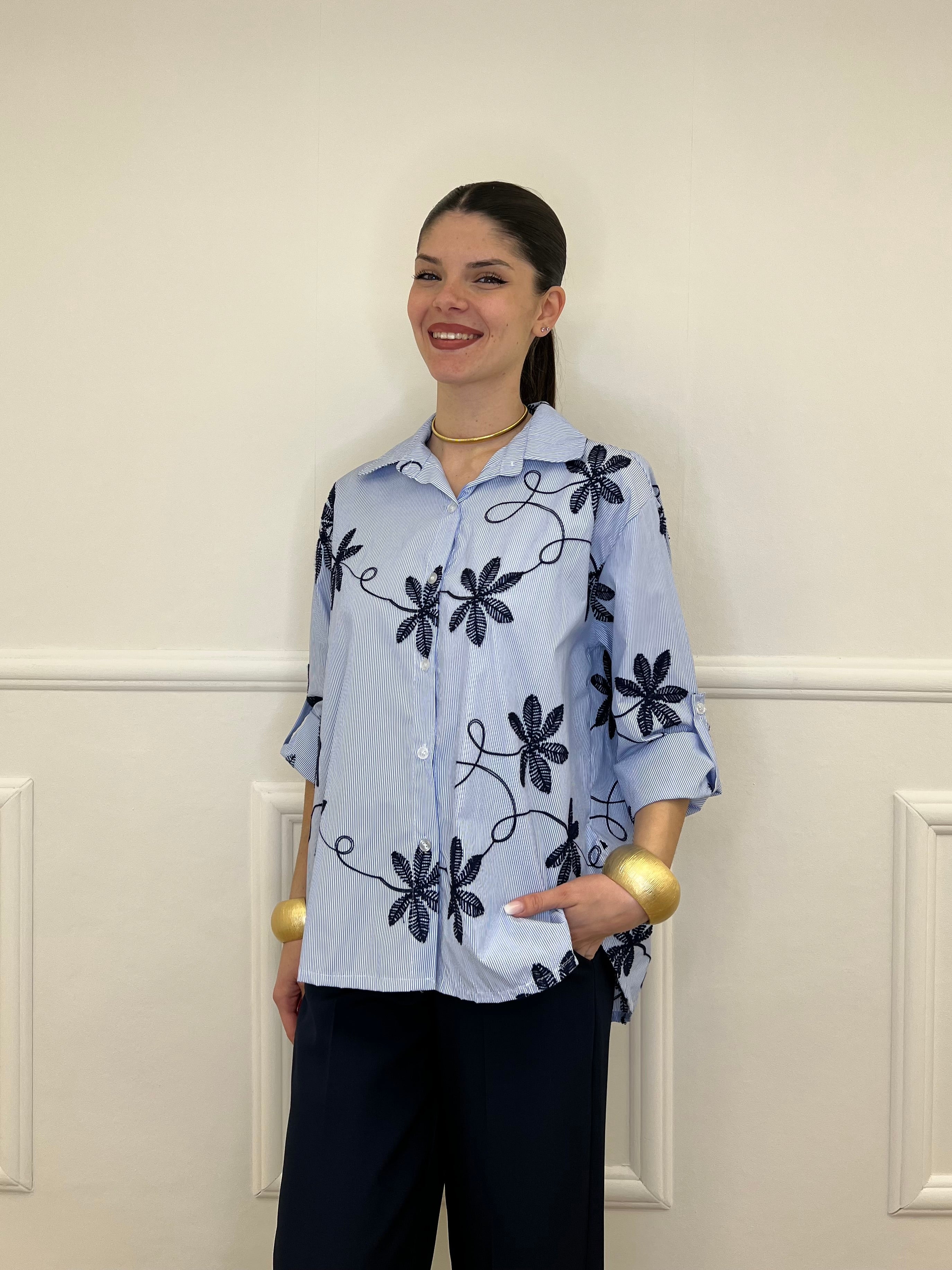 Camicia Over a Righe Con Ricami 26072 Blu