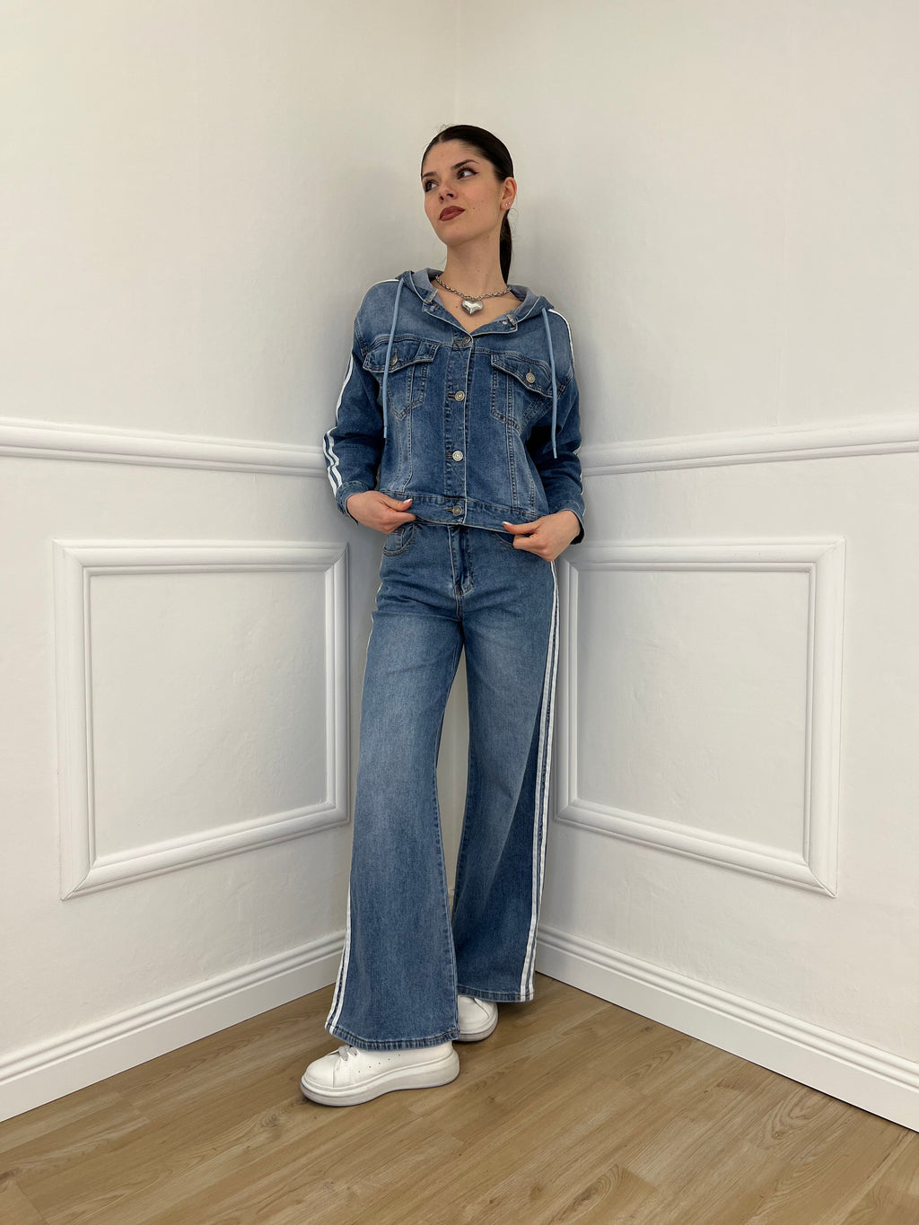 Giacca Denim Bande e Cappuccio J997 Azzurro