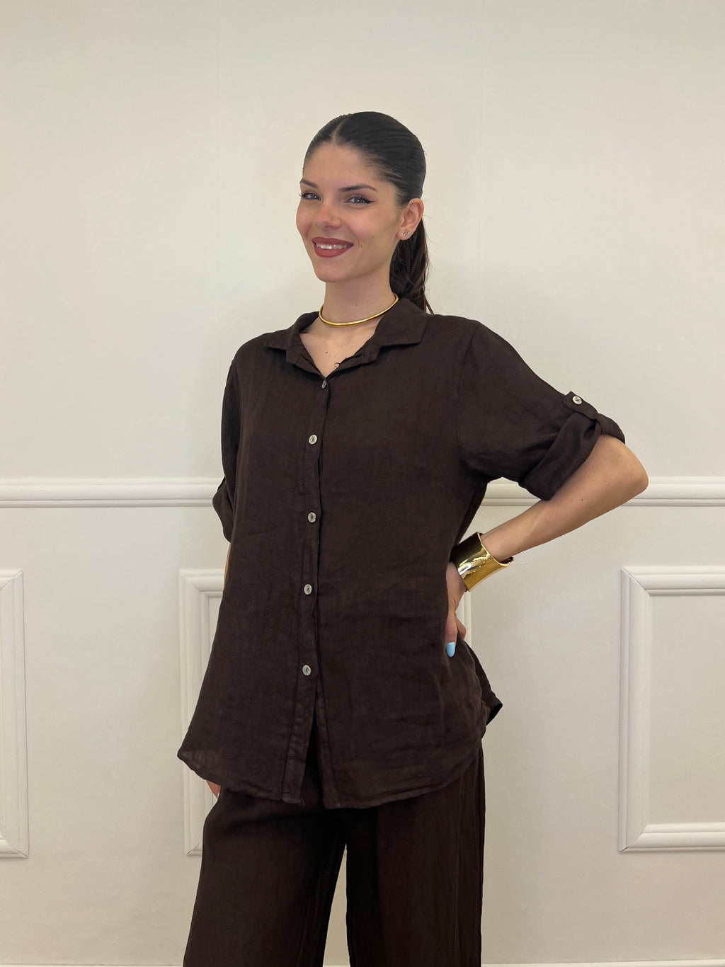 Camicia Maniche 3/4 in Lino 89517 Moro