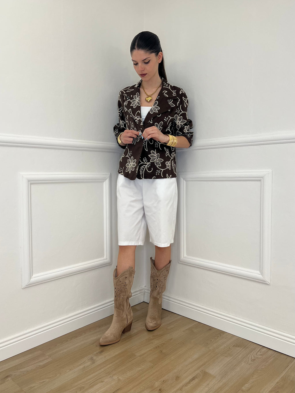 Blazer Ricamato in Lino e Viscosa 11353 Moro