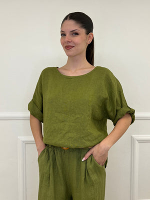 Blusa Over Lino 6091 Verde Olio