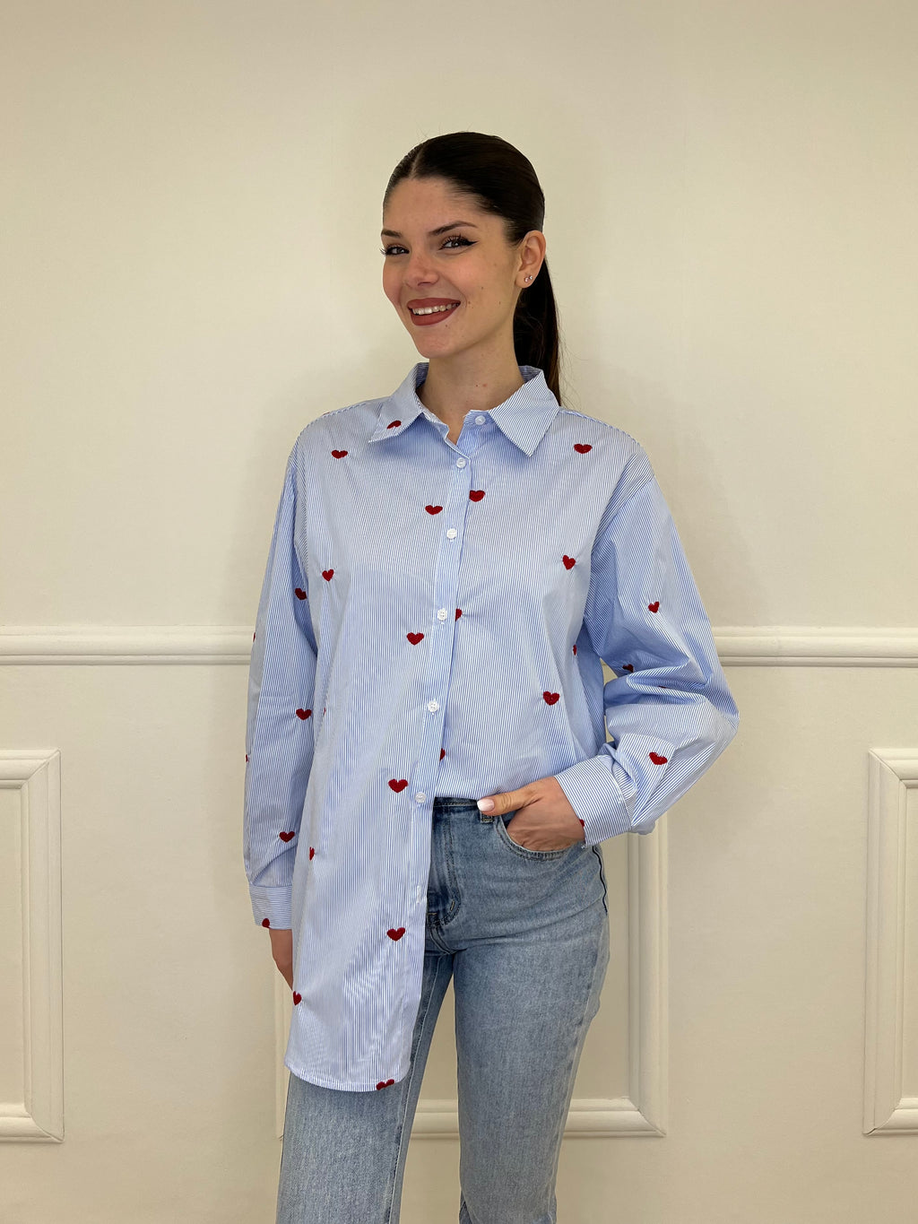 Camicia Cuori Bastoncino HQ045 Azzurro e Rosso