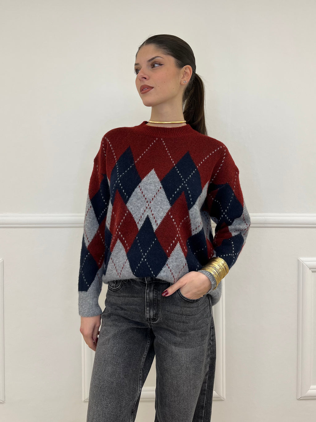 Maglia Over Losanghe L8075 Bordeaux