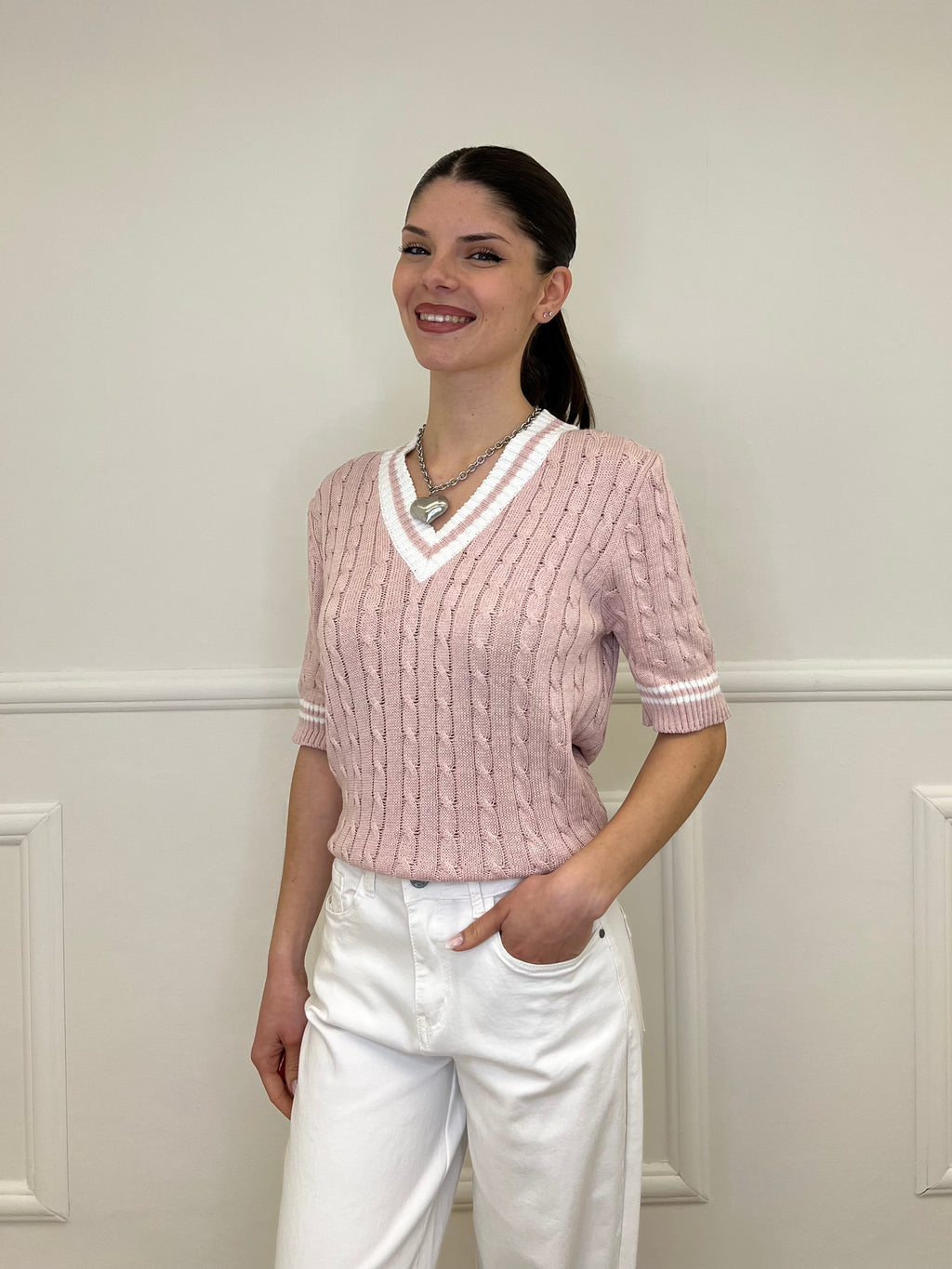 Maglia Trecce Profili a Contrasto 9467 Rosa e Bianco