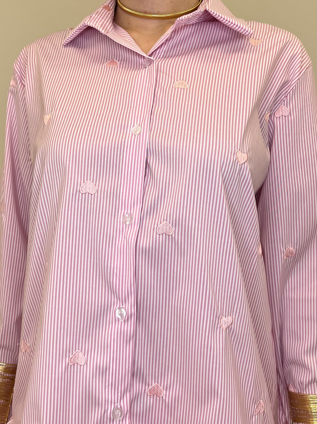 Camicia a Righe Cuori Ricamati 121255 Rosa