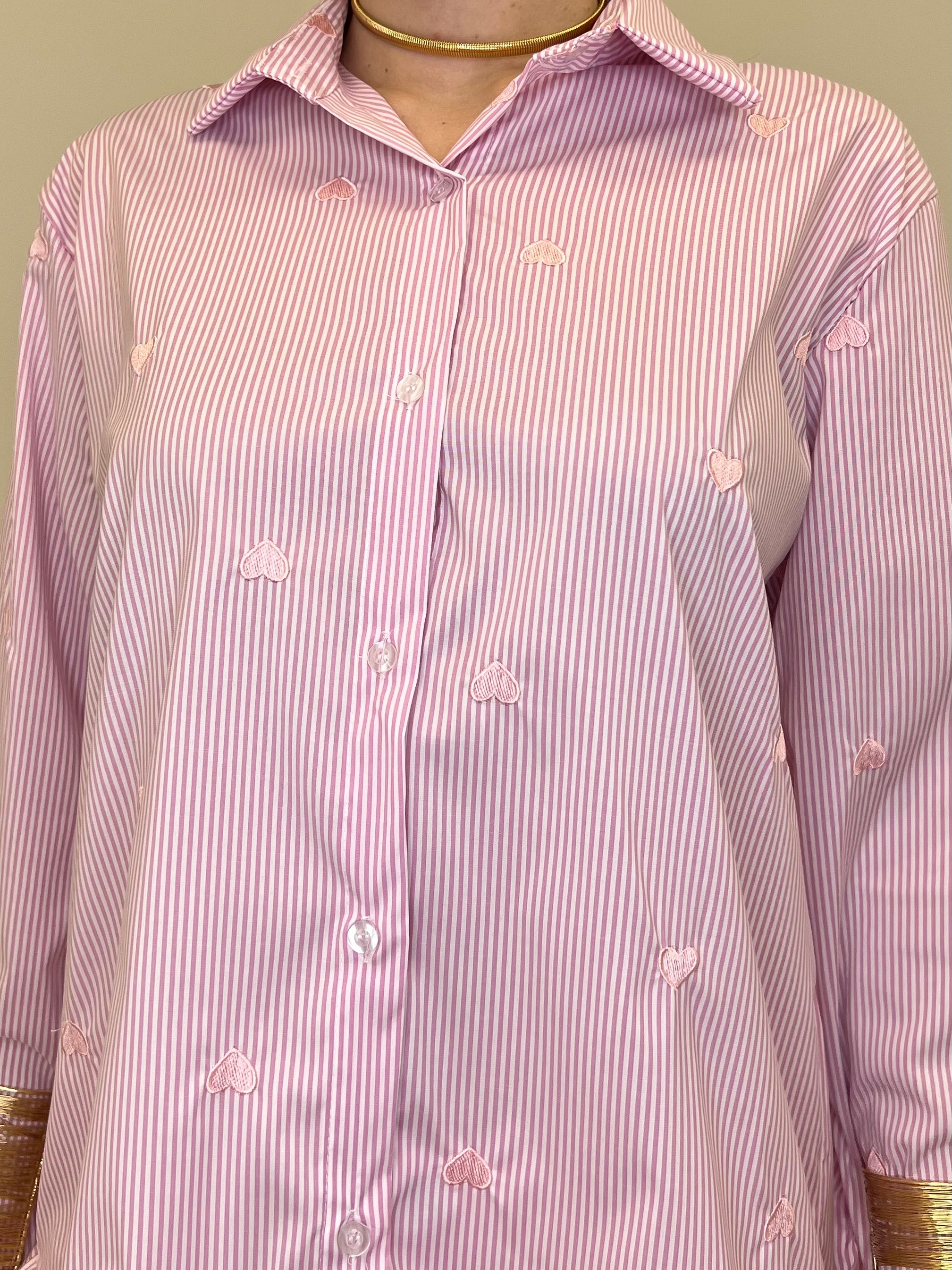 Camicia a Righe Cuori Ricamati 121255 Rosa