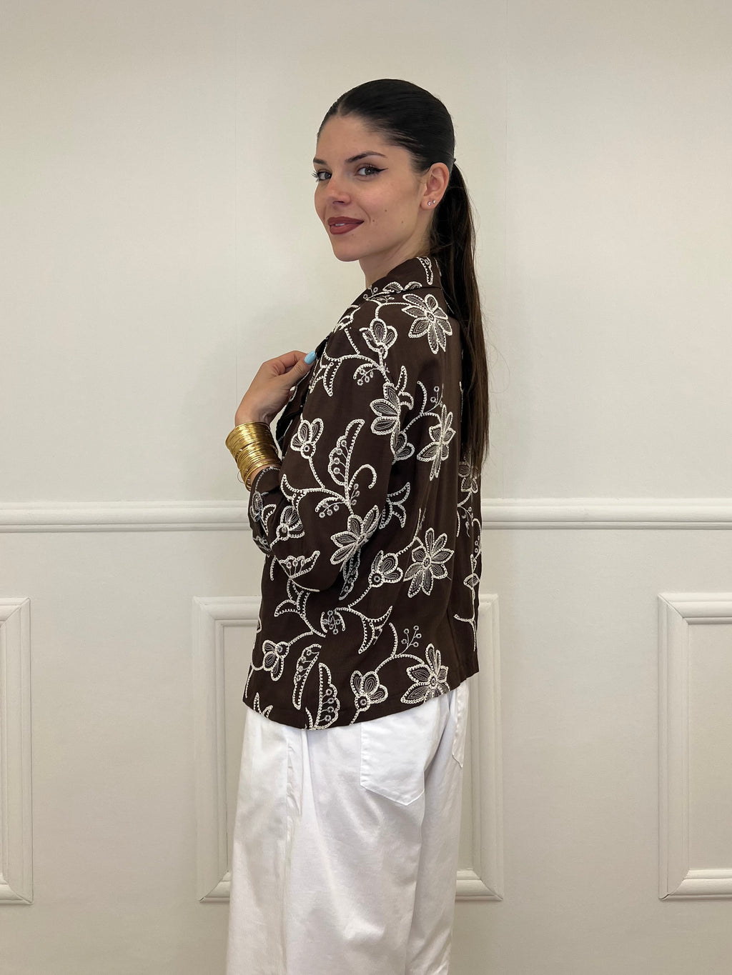 Blazer Ricamato in Lino e Viscosa 11353 Moro