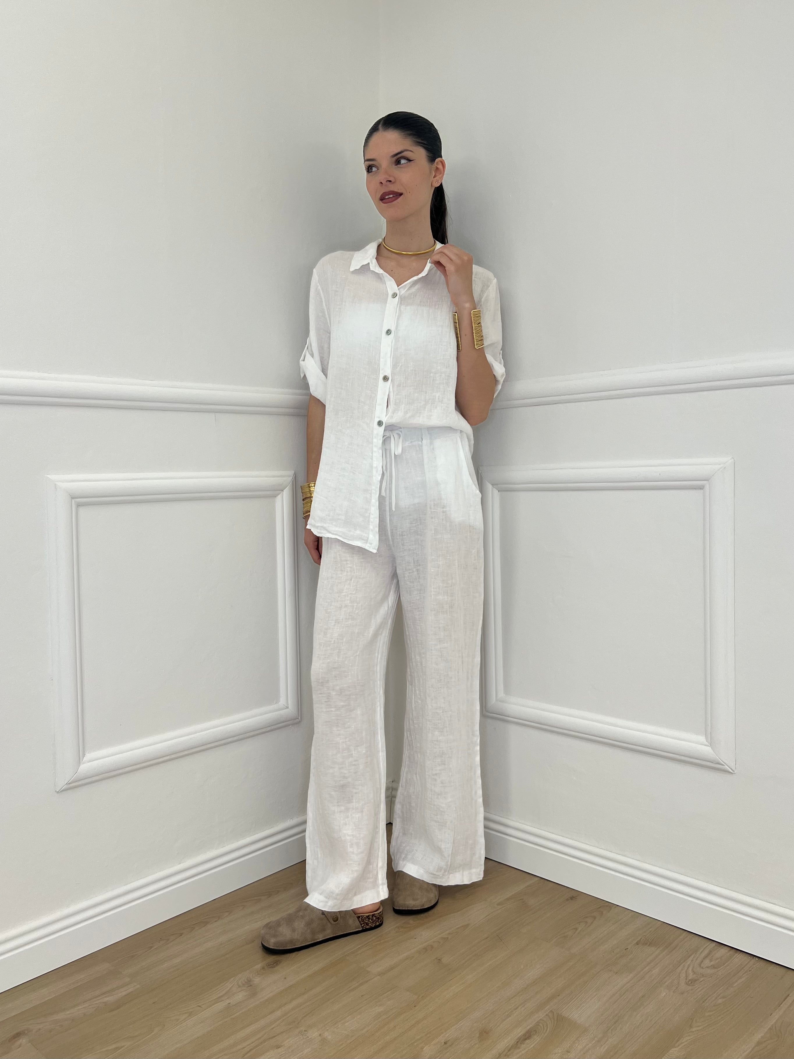 Pantalone Lino Coulisse 23216 Bianco