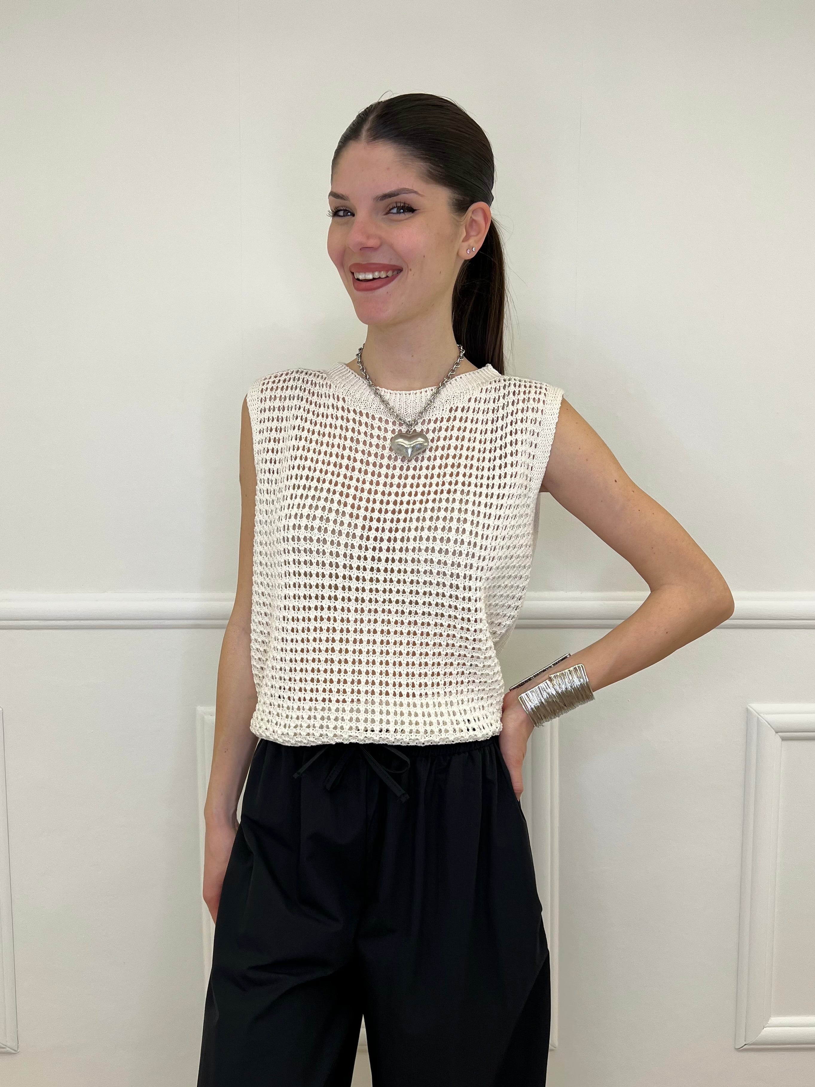 Maglia Smanicata Traforata 6972 Panna