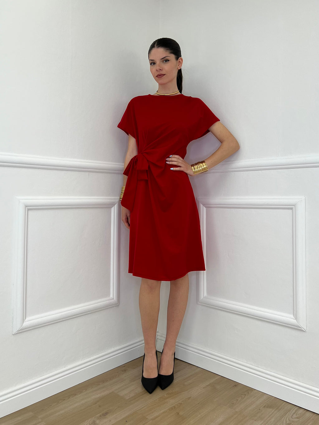 Vestito Con Drappeggio e Fiocco 4782 Rosso