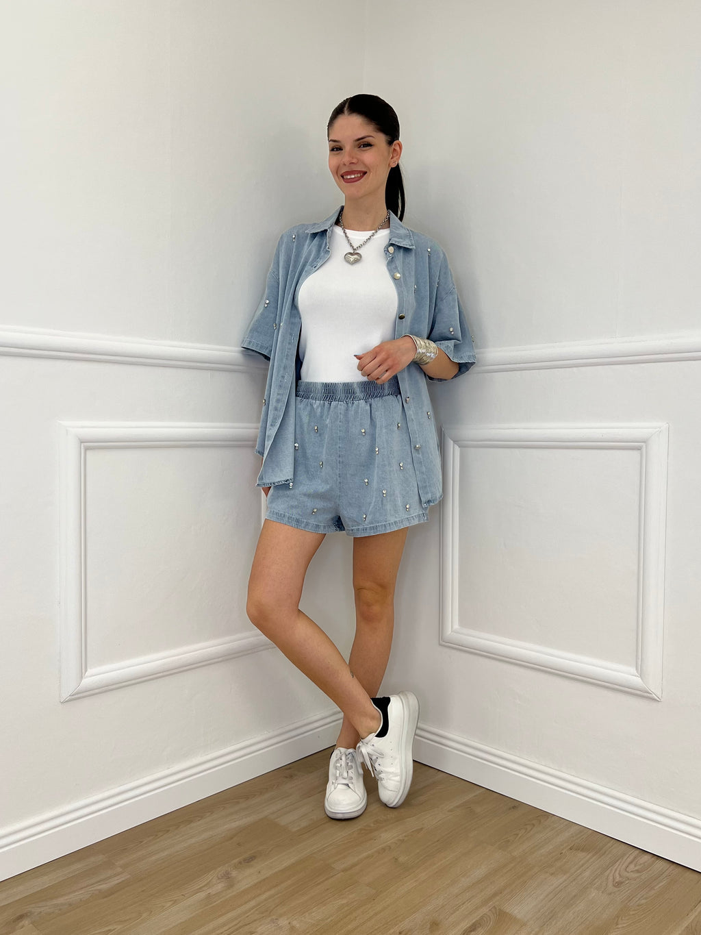 Completo Shorts Denim Con Strass 3048 Azzurro