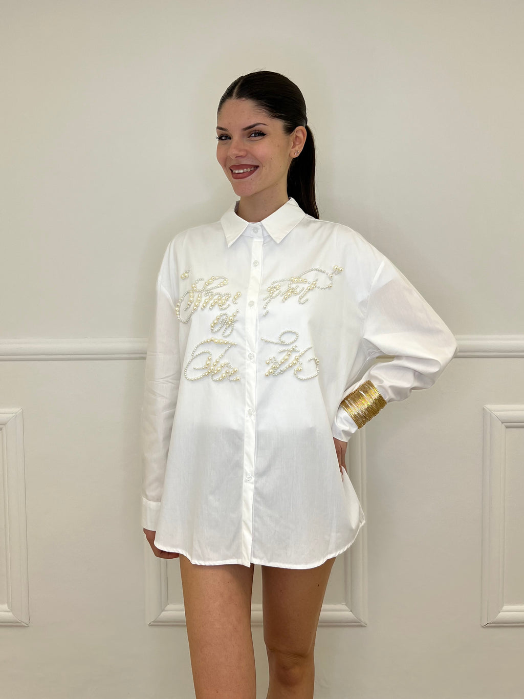 Maxi Camicia con Perle K880 Bianco
