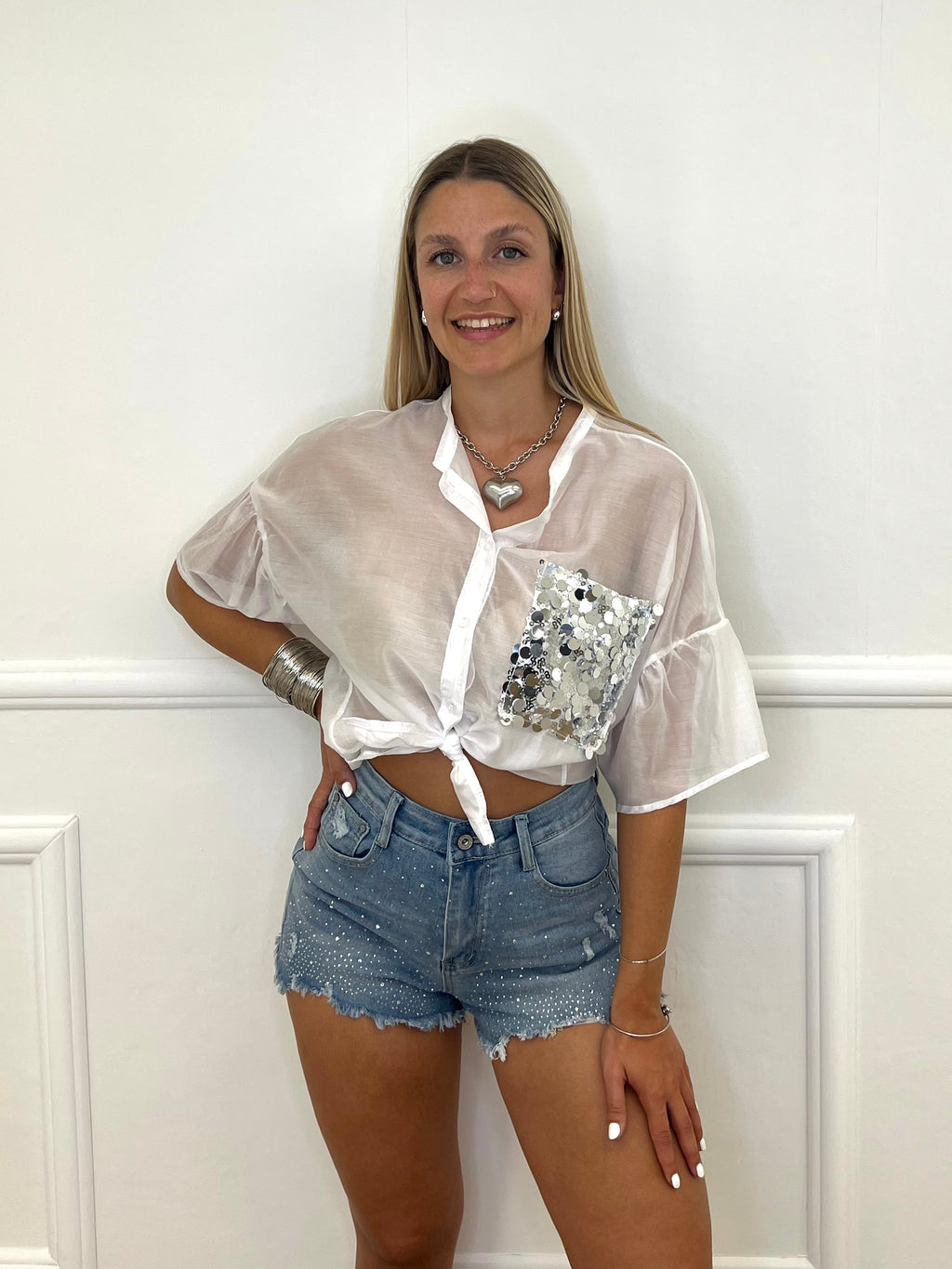 Camicia Tasca Paillettes 672-150 Bianco