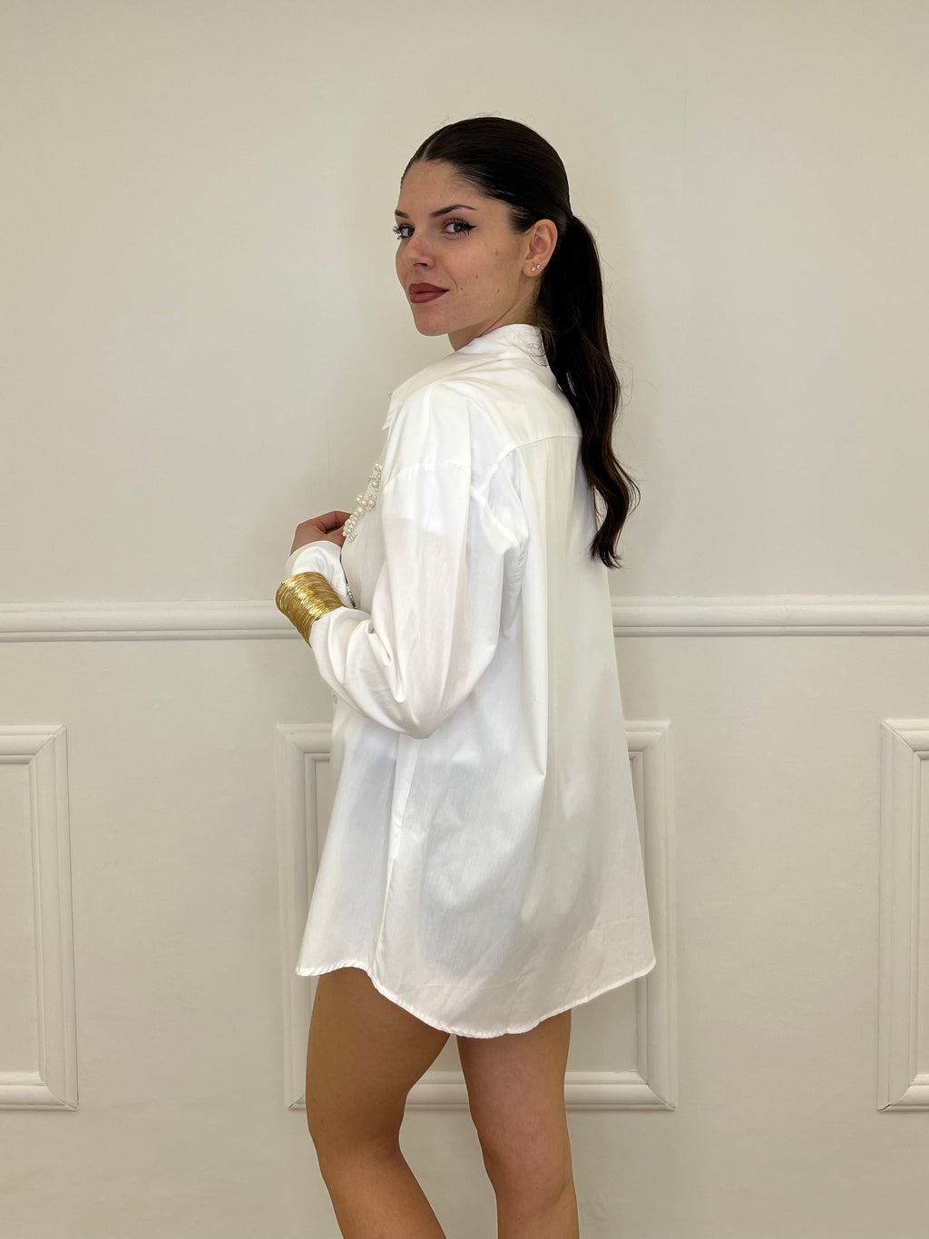 Maxi Camicia con Perle K880 Bianco