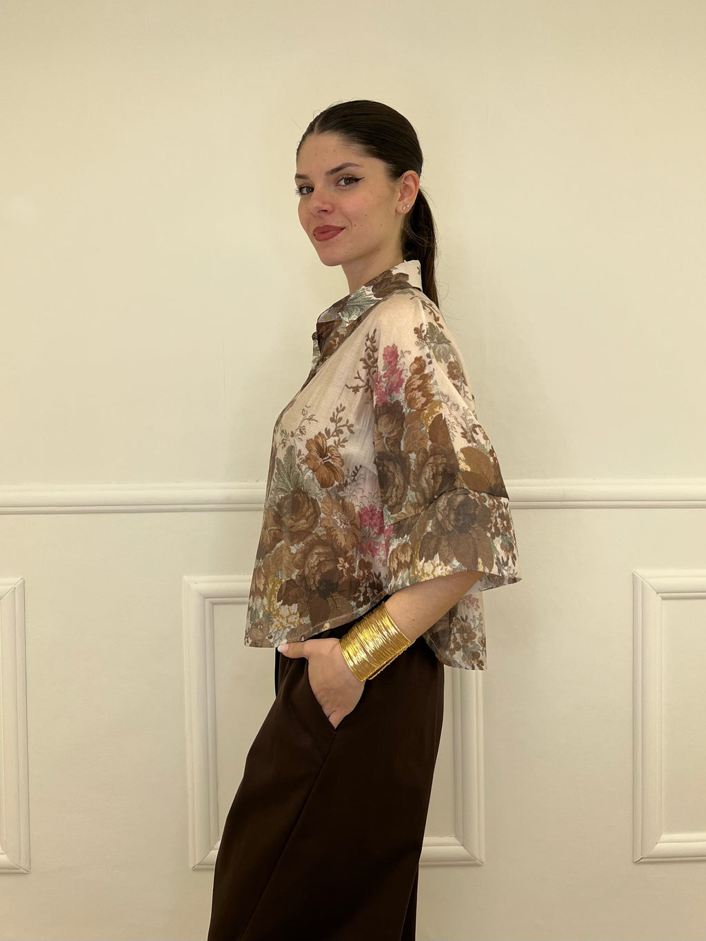 Camicia Tencel Crop Fiori 4099 Marrone