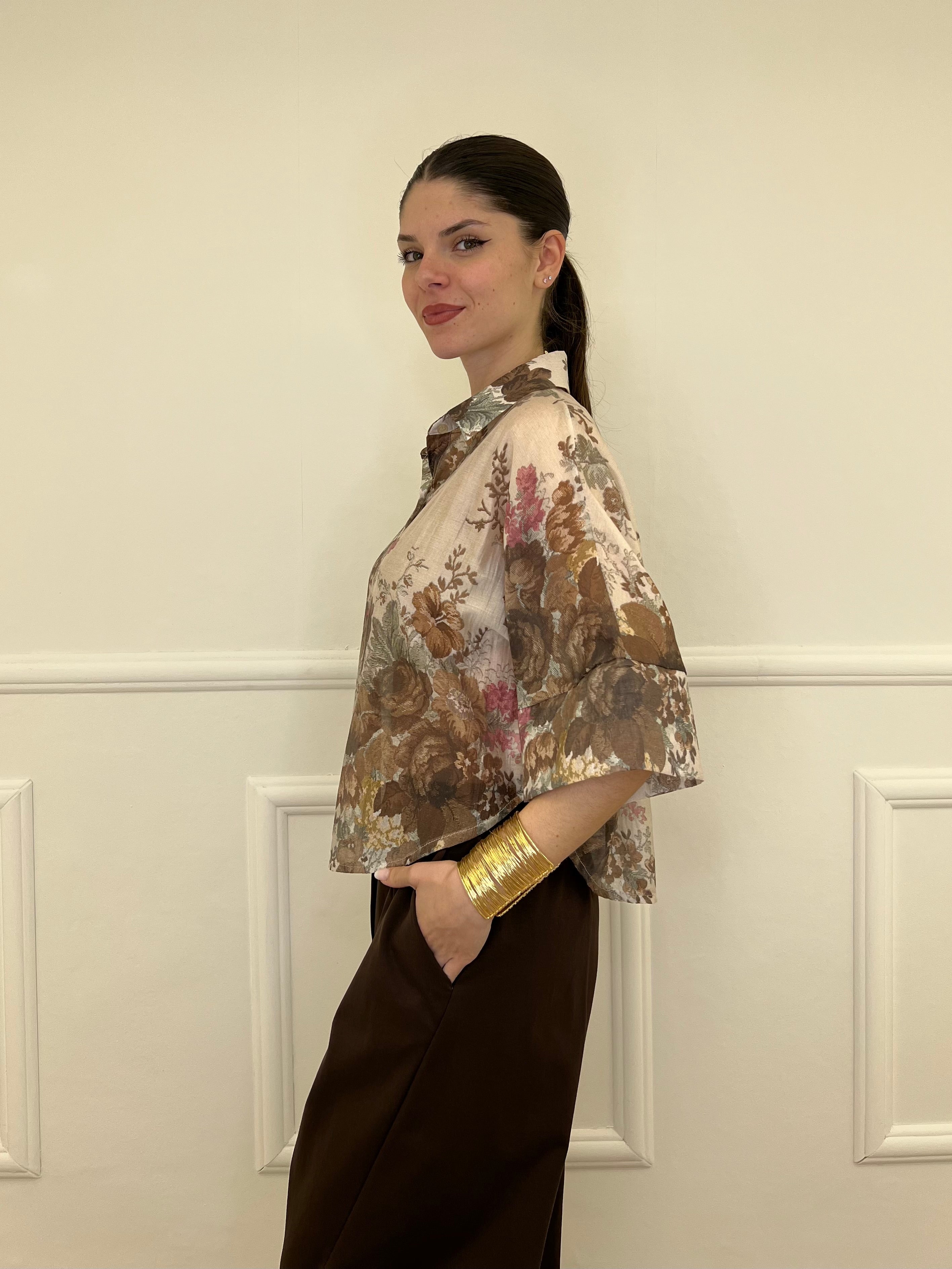 Camicia Tencel Crop Fiori 4099 Marrone