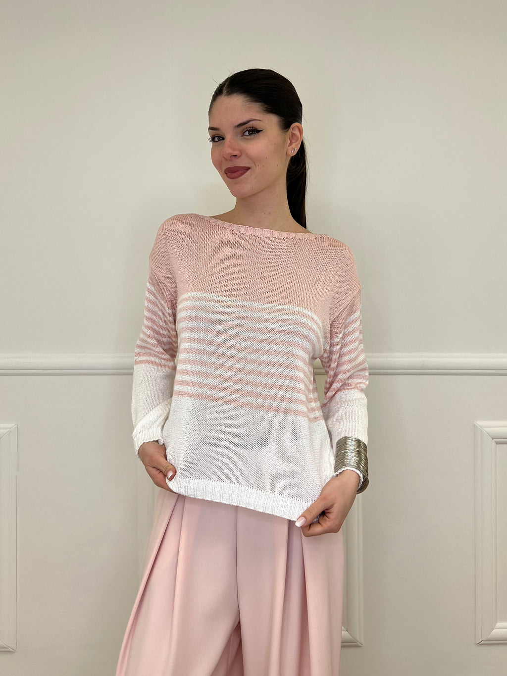 Maglia a Righe Bicolore 26001 Rosa e Bianco