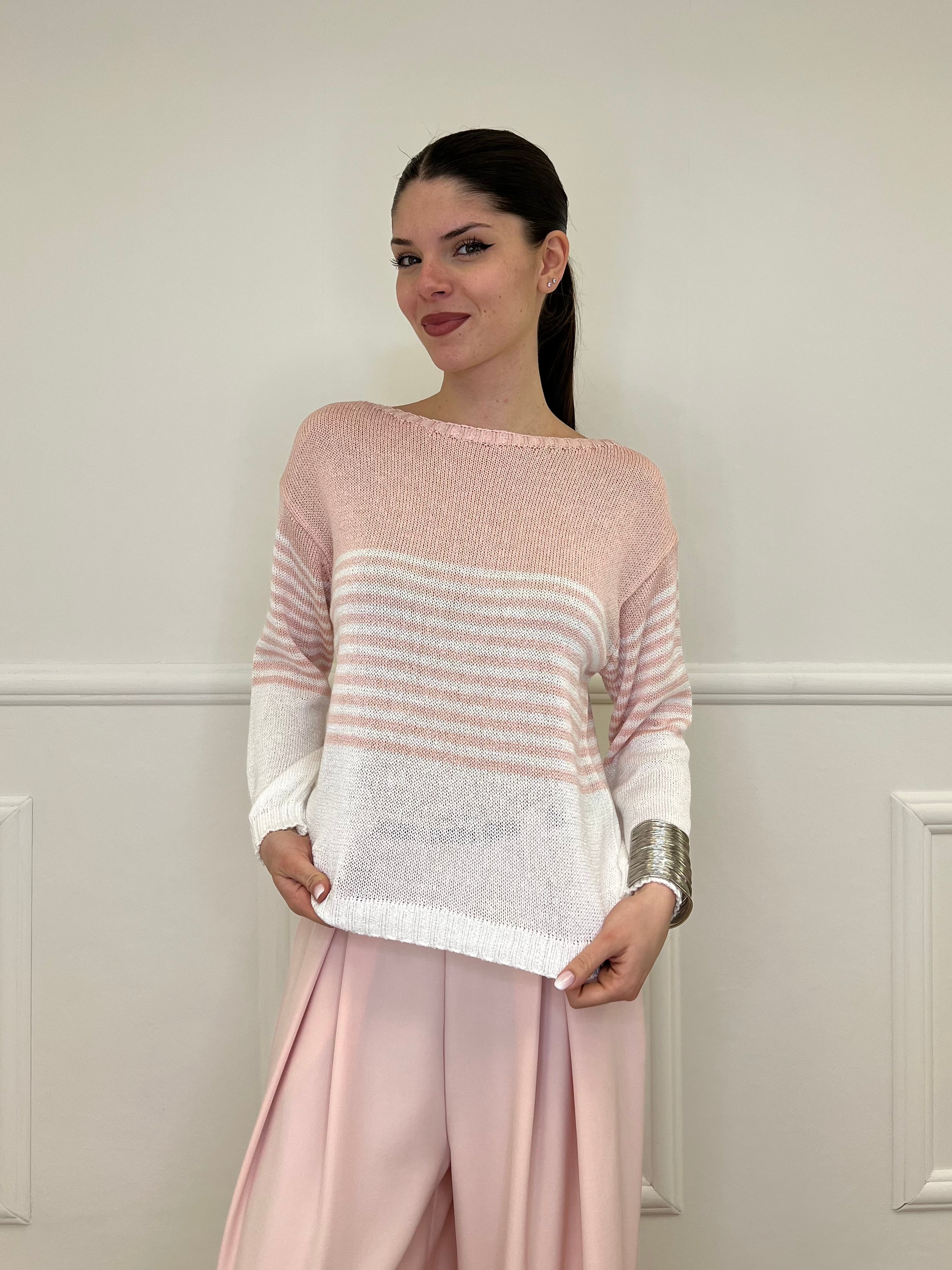 Maglia a Righe Bicolore 26001 Rosa e Bianco