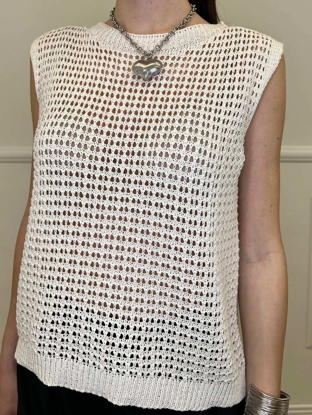 Maglia Smanicata Traforata 6972 Panna