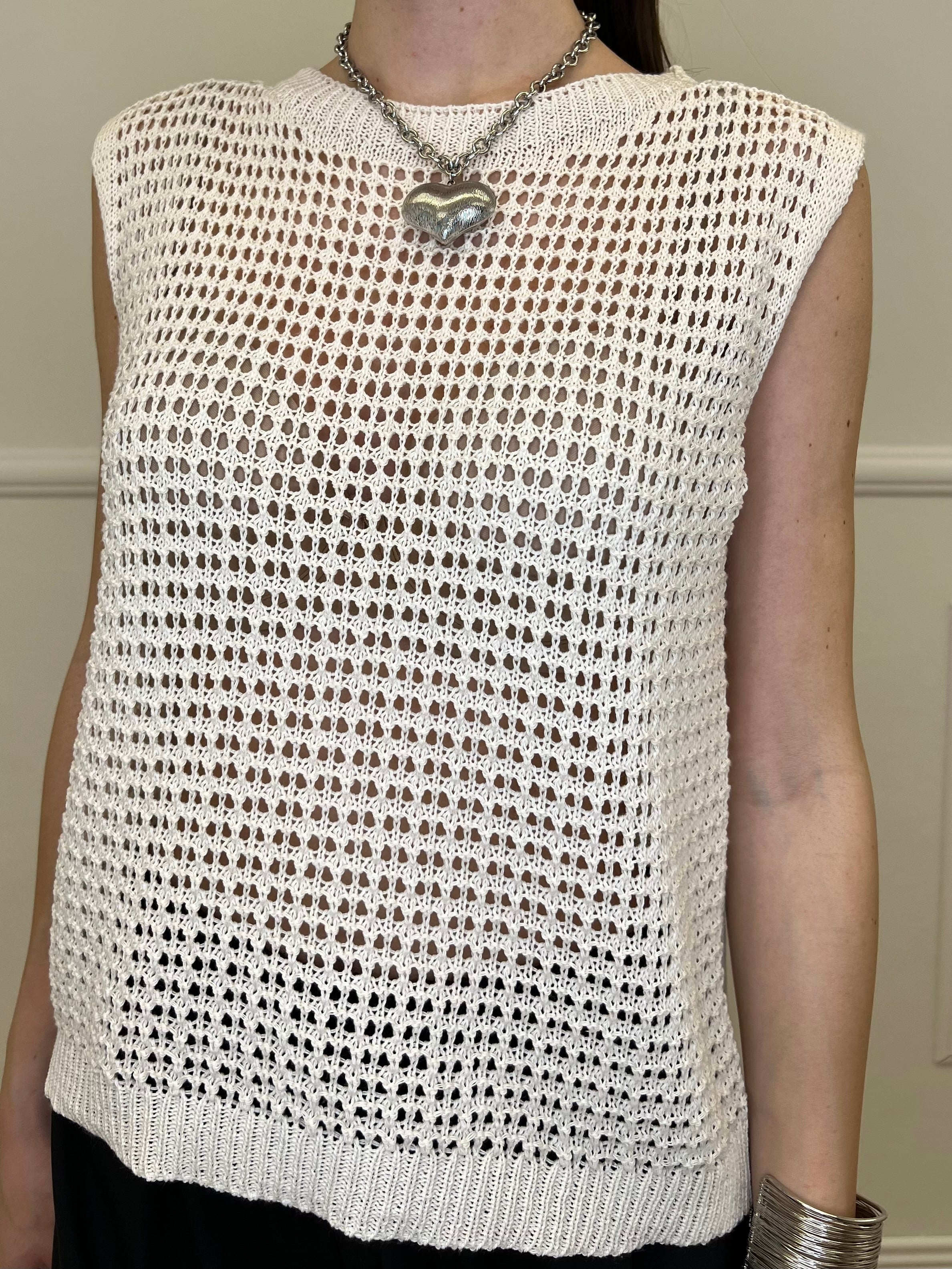 Maglia Smanicata Traforata 6972 Panna