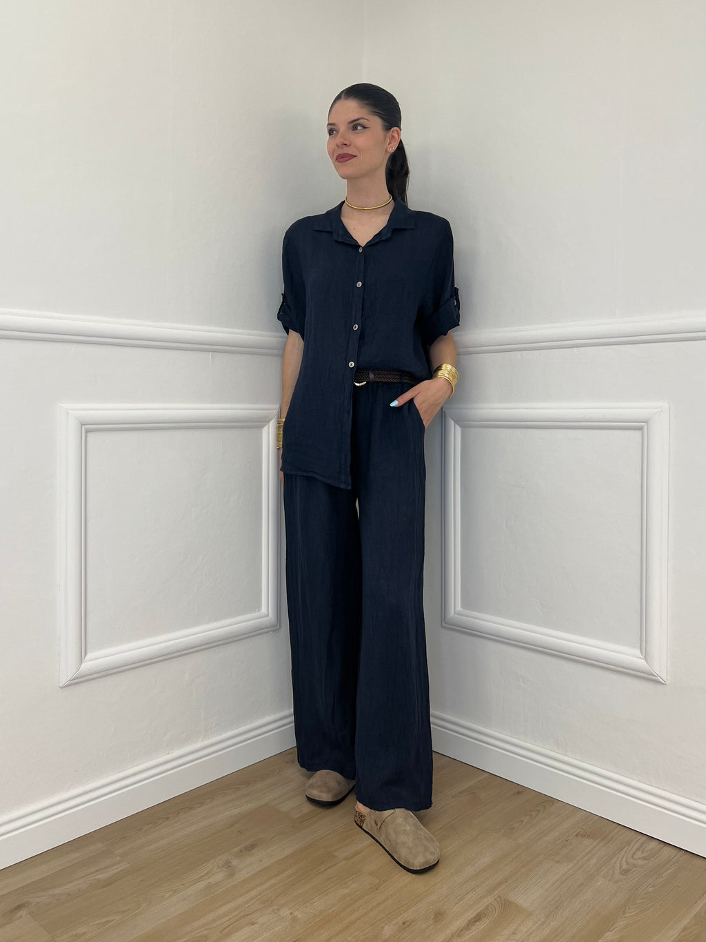 Camicia Maniche 3/4 in Lino 89517 Blu
