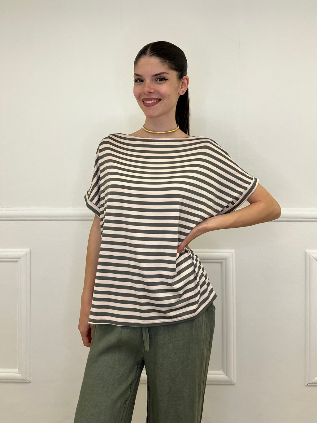 Maglia Barchetta Righe 2628 Verde e Ecru