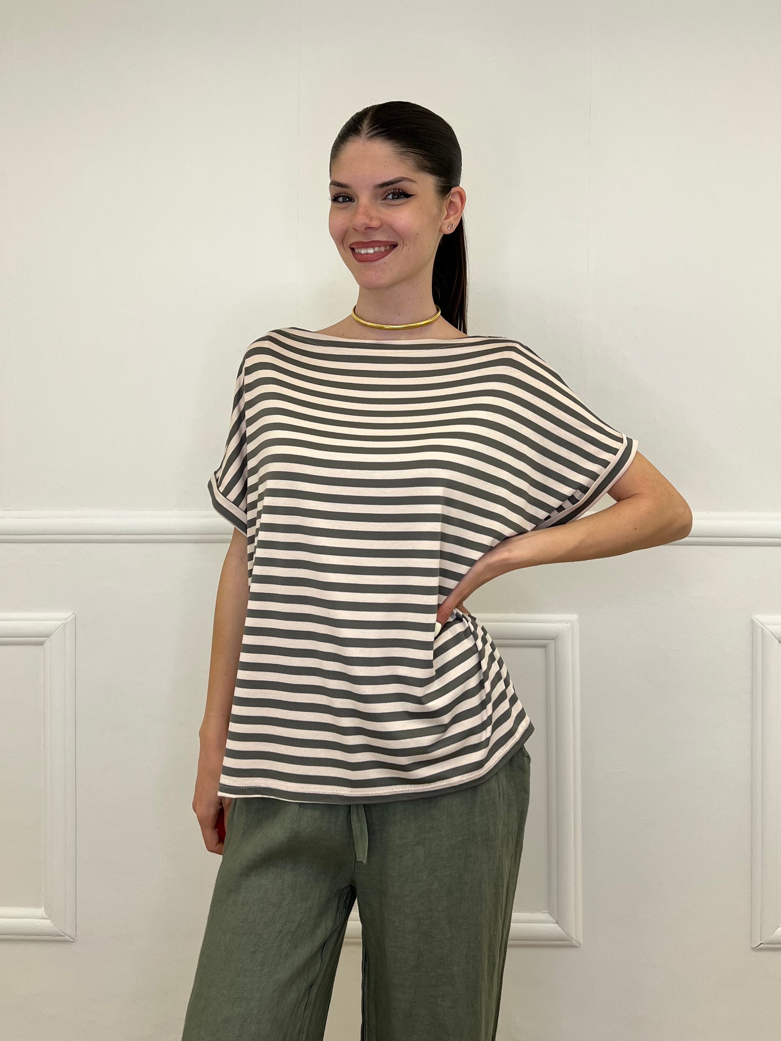 Maglia Barchetta Righe 2628 Verde e Ecru