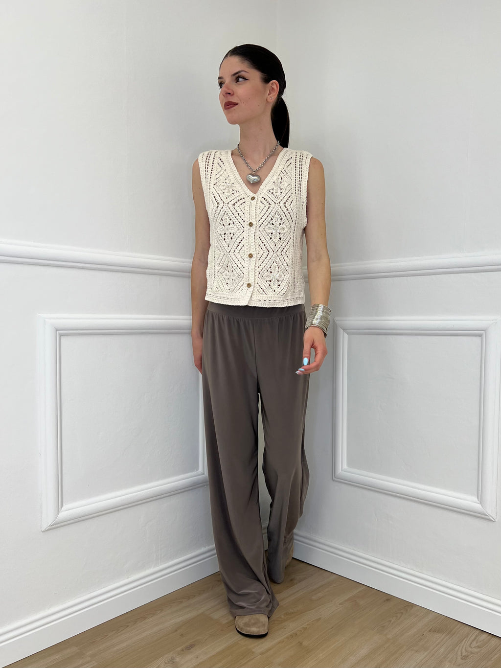 Gilet Traforato Ricami e Paillettes 32550 Ecru