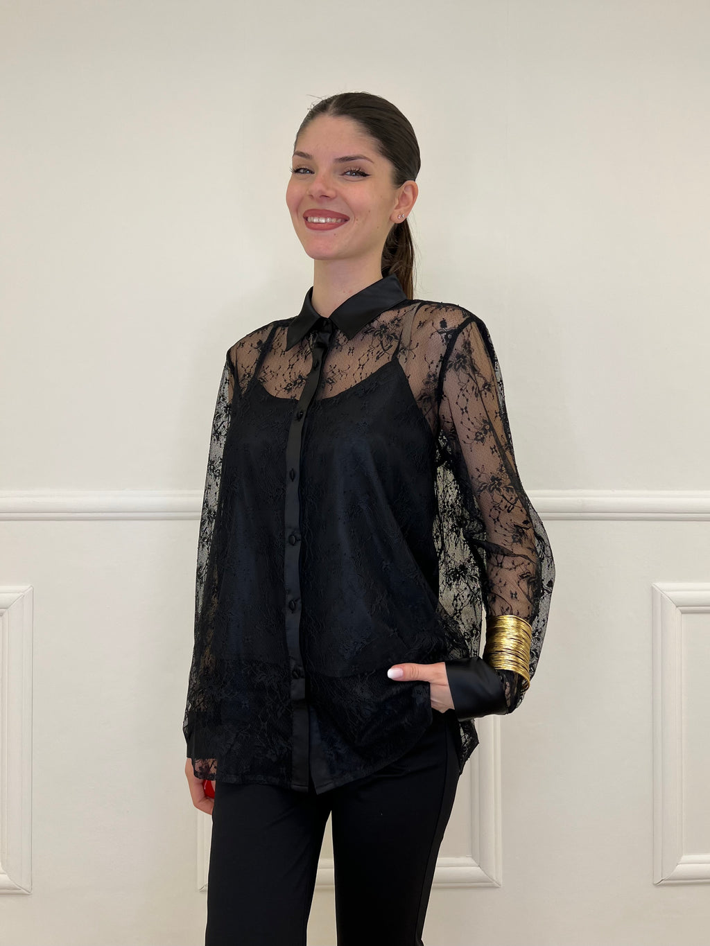 Twin Set Camicia in Pizzo e Top Y7097 Nero