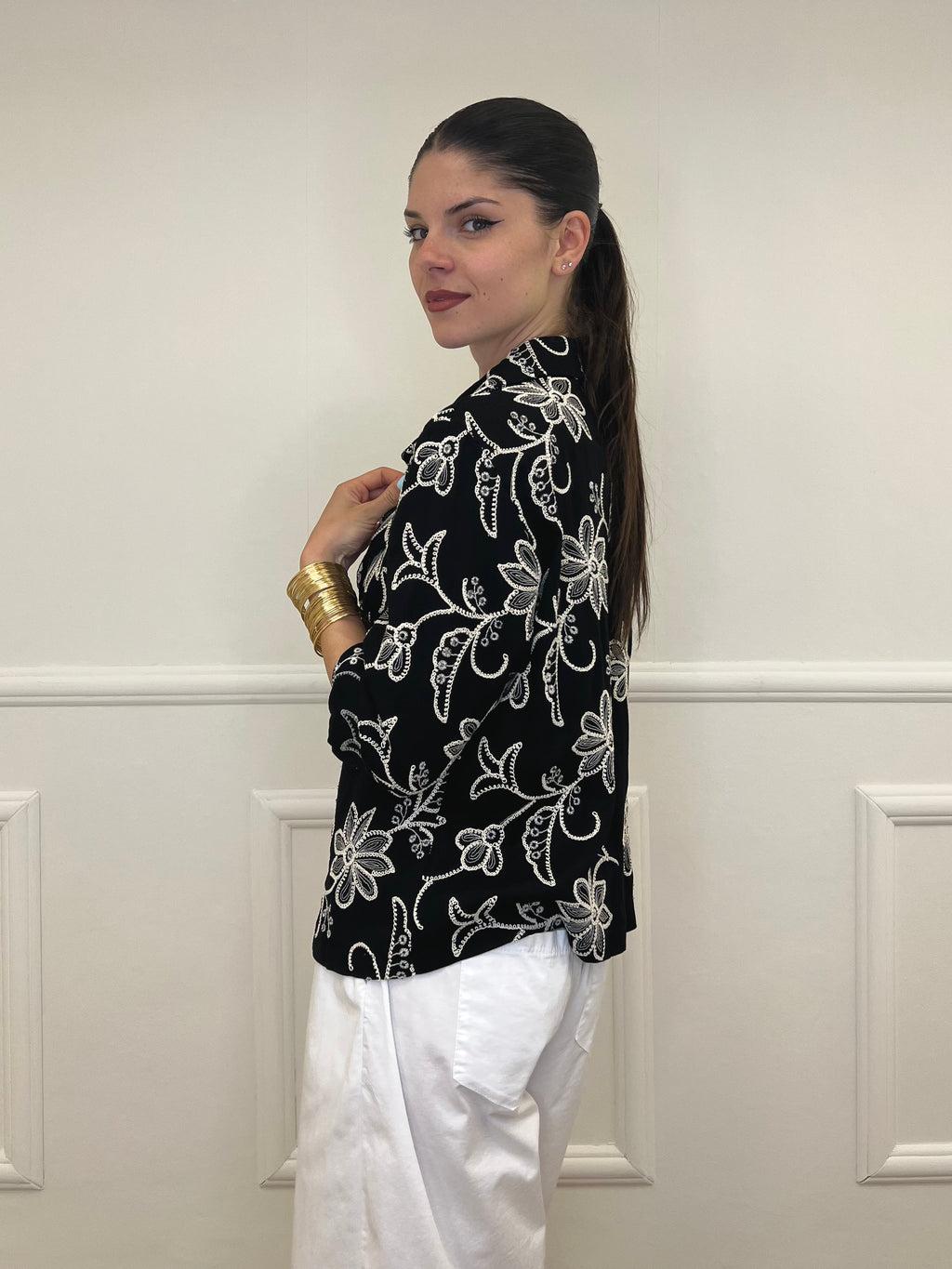 Blazer Ricamato in Lino e Viscosa 11353 Nero